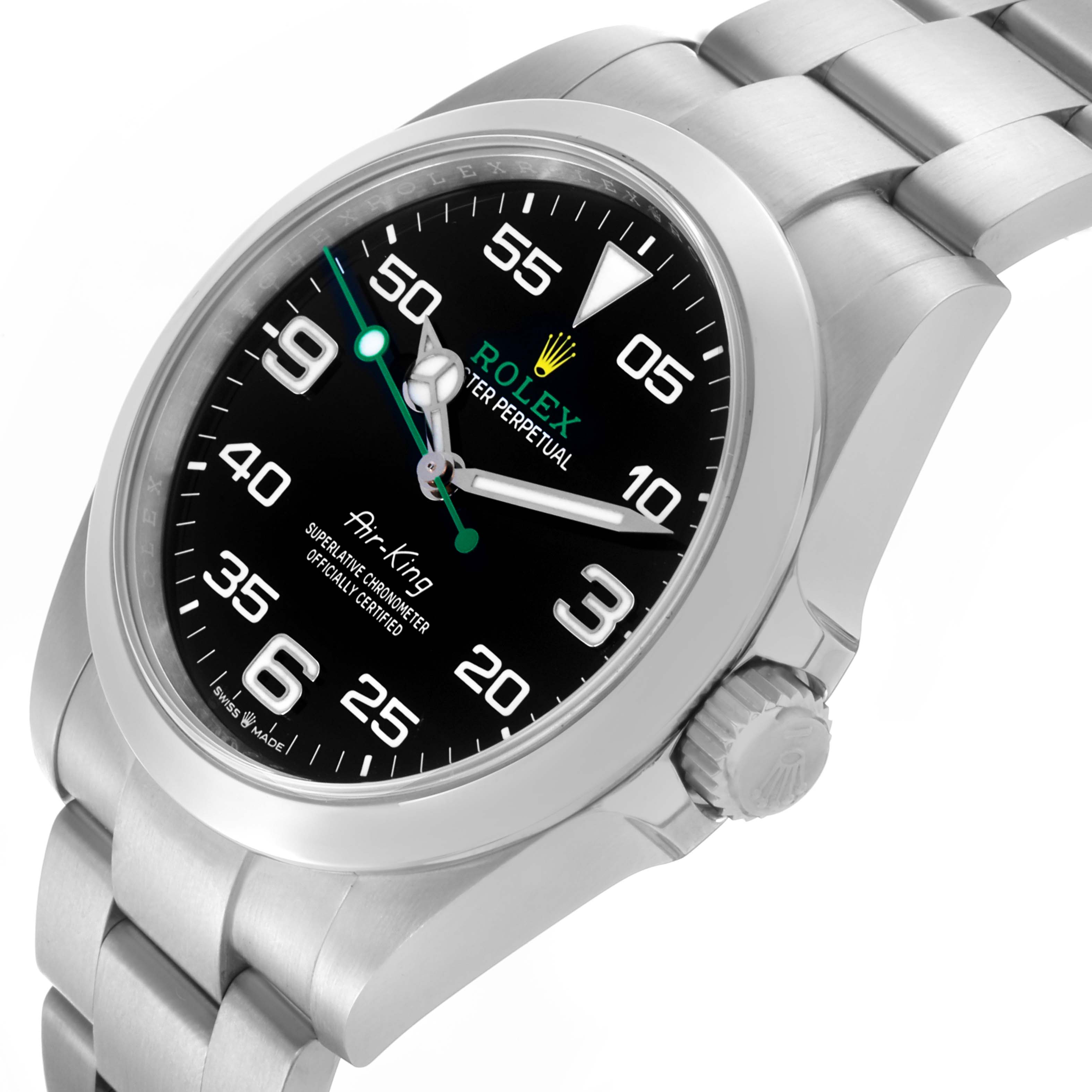 The image shows a Rolex Air-King 126900 Men's Stainless Steel Black Dial 126900 Men's Stainless Steel Black Dial watch at an angled view, displaying the dial, bezel, crown, and part of the bracelet.