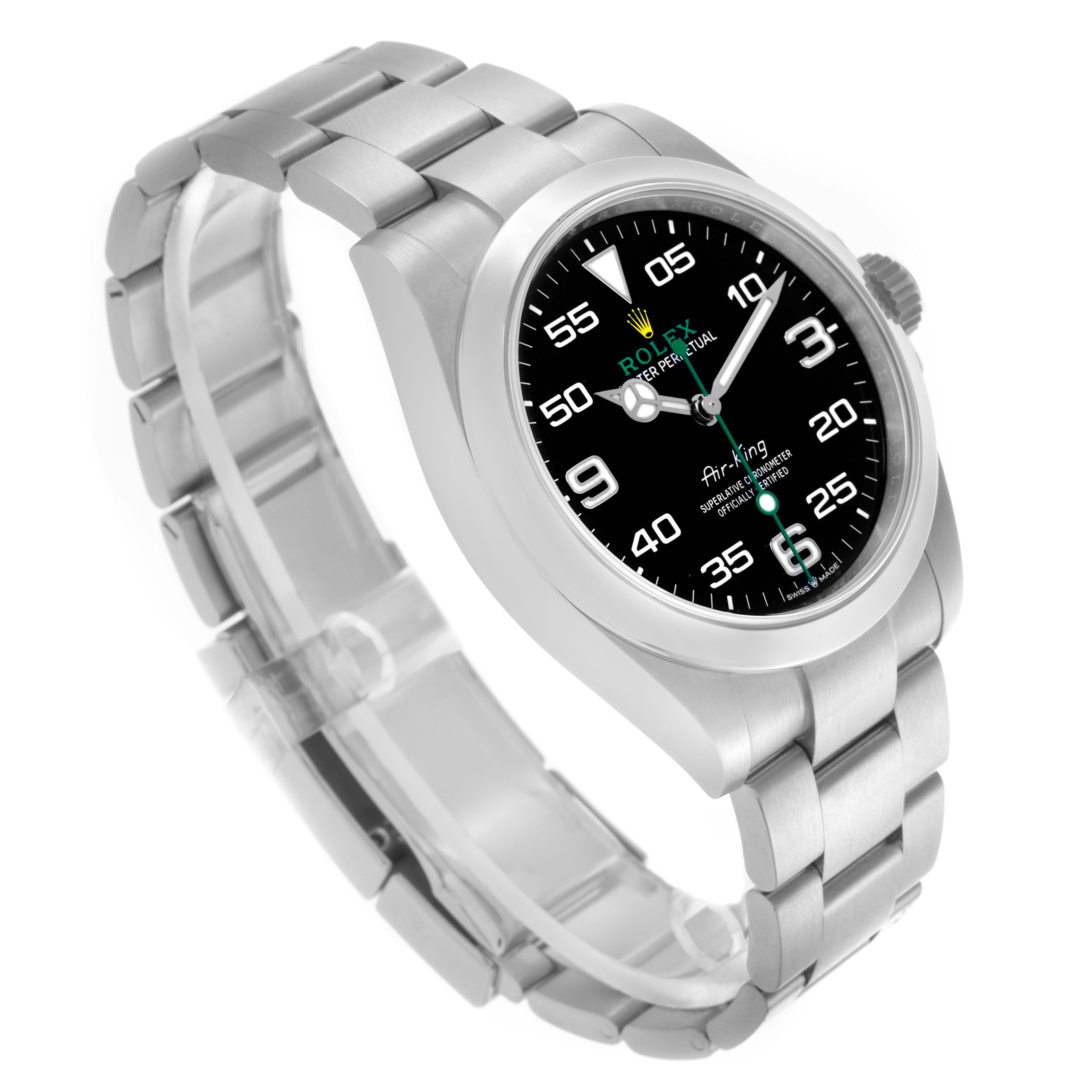 The Rolex Air-King 126900 Men's Stainless Steel Black Dial 126900 Men's Stainless Steel Black Dial watch is shown at a three-quarter angle, highlighting the face, bezel, and bracelet.