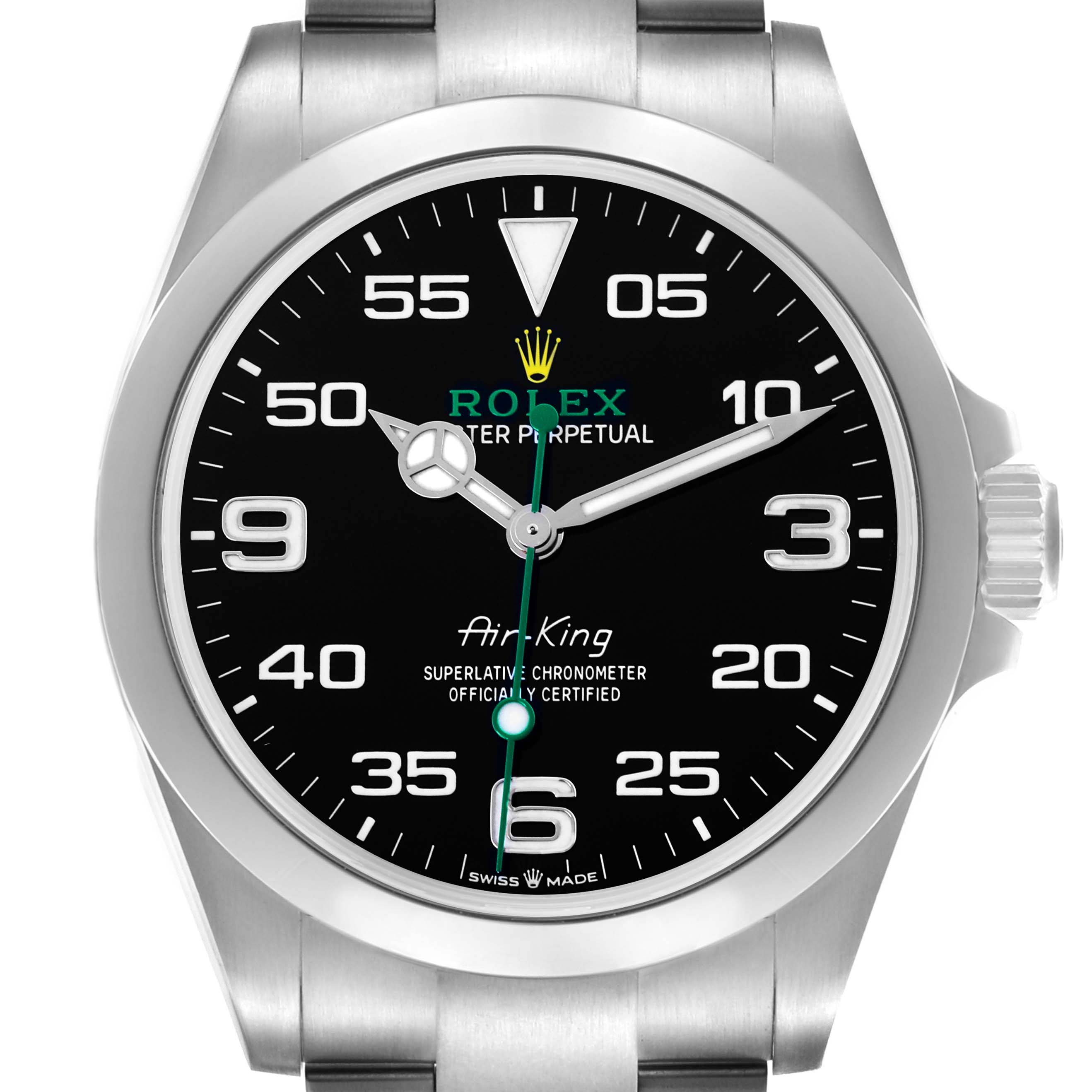 The Rolex Air-King 126900 Men's Stainless Steel Black Dial 126900 Men's Stainless Steel Black Dial watch is shown from a front angle, displaying its face, bezel, and part of the bracelet.