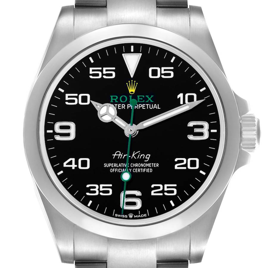 The Rolex Air-King watch is shown from a front angle, displaying its face, bezel, and part of the bracelet.