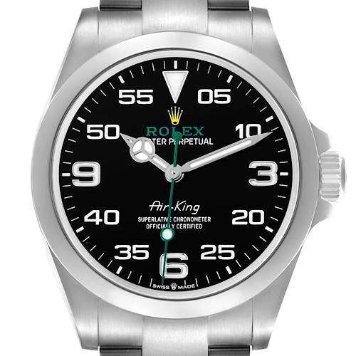 The Rolex Air-King watch is shown from the front, highlighting the dial, hands, bezel, and partial bracelet.