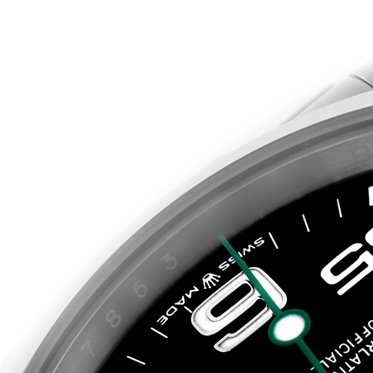 The image shows the Rolex Air-King 126900 Men's Stainless Steel Black Dial 126900 Men's Stainless Steel Black Dial watch face at an angle, highlighting the edge of the dial and the hour hand near the number 9.