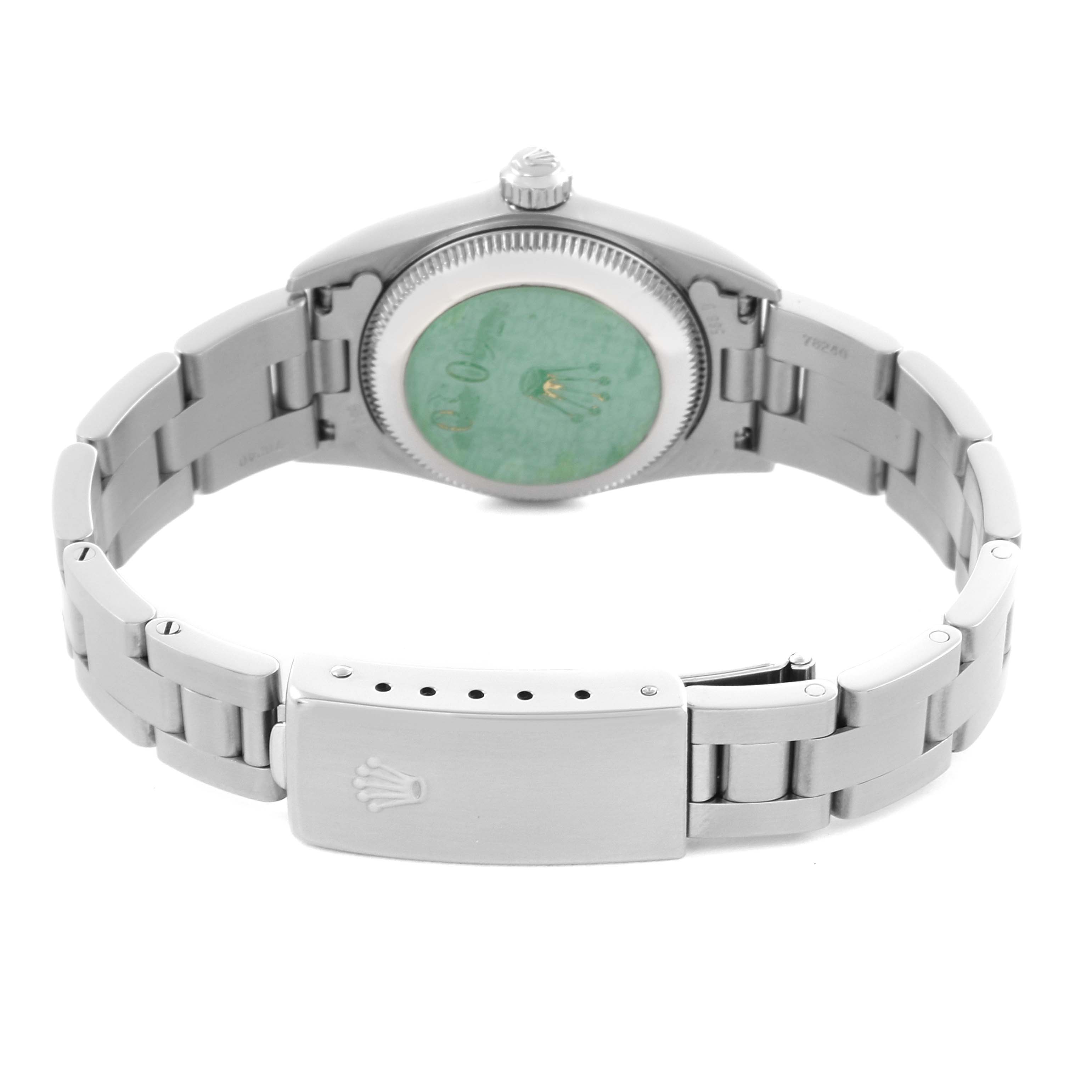 The image shows the back view of a Rolex Oyster Perpetual 76030 Women's Stainless Steel Black Dial 76030 Women's Stainless Steel Black Dial watch, highlighting the bracelet and clasp.