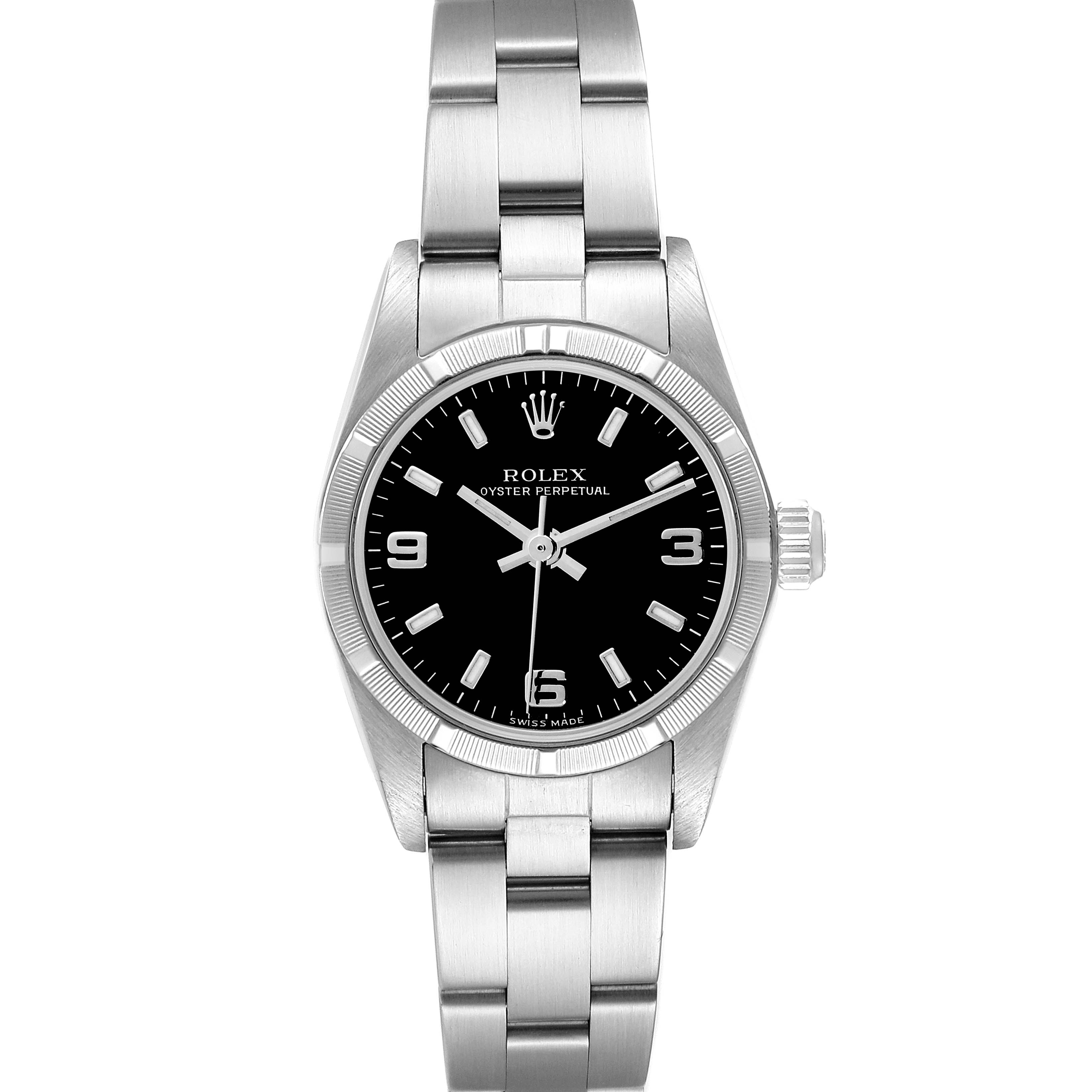 The Rolex Oyster Perpetual 76030 Women's Stainless Steel Black Dial 76030 Women's Stainless Steel Black Dial watch is shown from a front angle, highlighting its dial and bracelet.