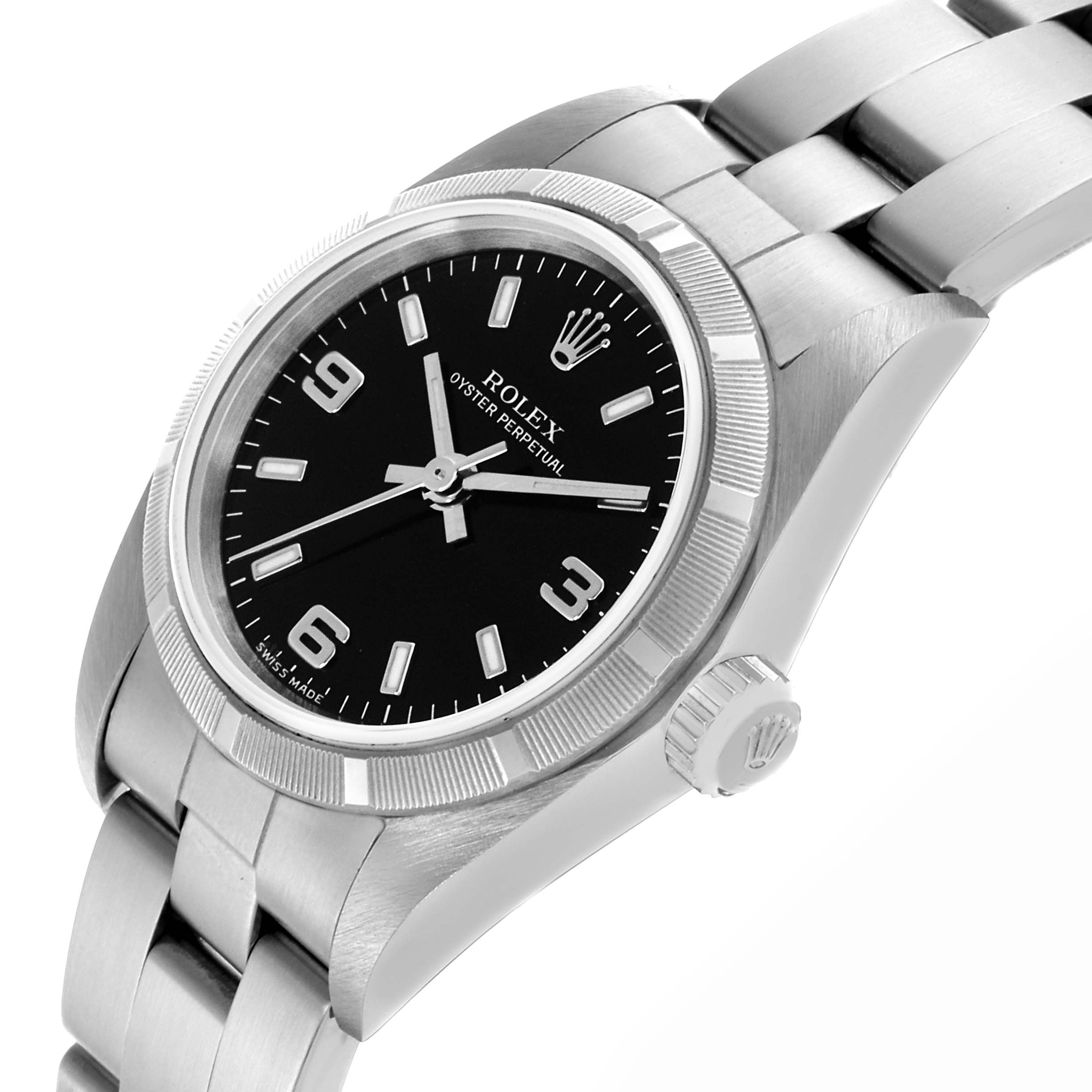 The Rolex Oyster Perpetual 76030 Women's Stainless Steel Black Dial 76030 Women's Stainless Steel Black Dial watch is shown at a slight angle, highlighting its black dial, crown, and bracelet.