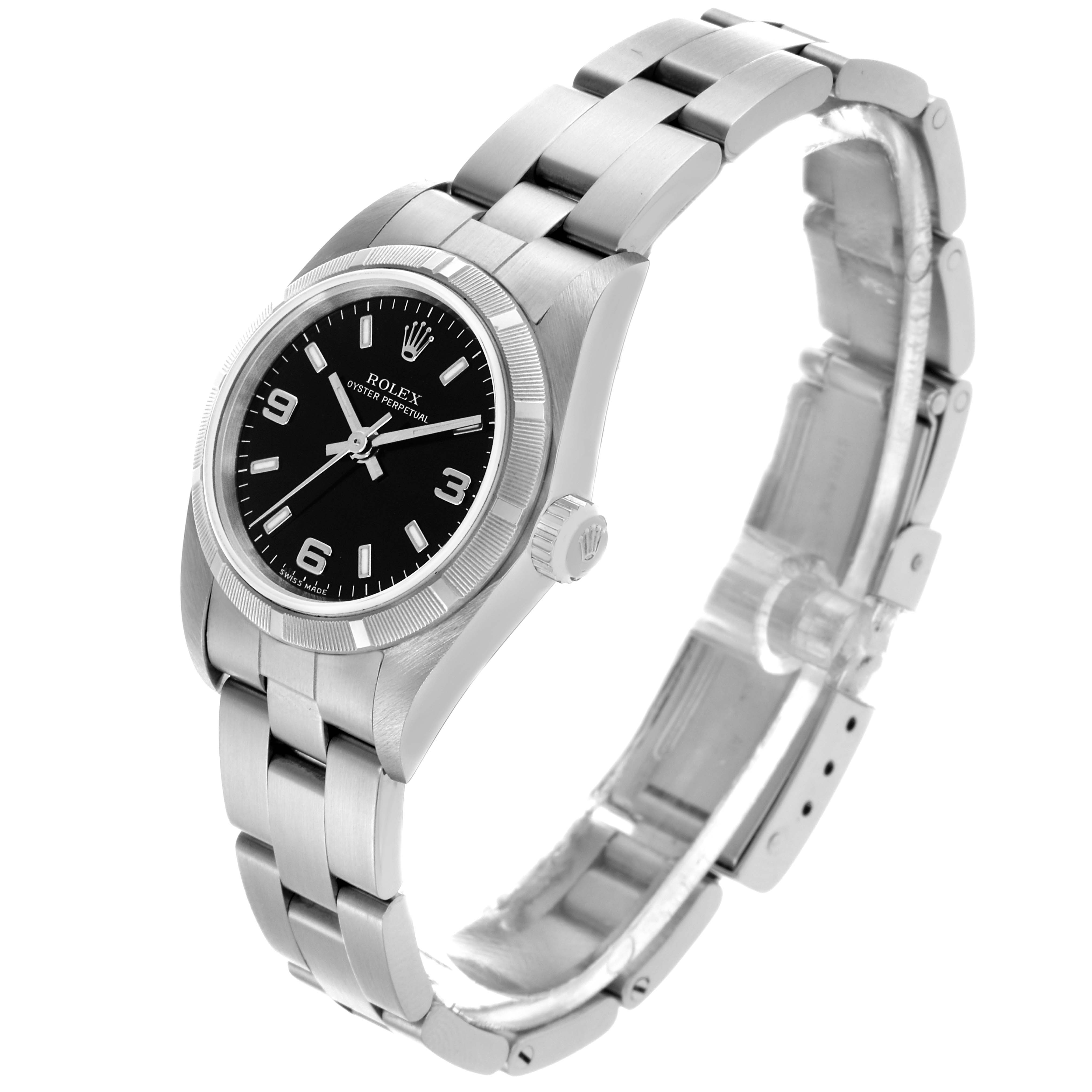 The image shows a Rolex Oyster Perpetual 76030 Women's Stainless Steel Black Dial 76030 Women's Stainless Steel Black Dial watch at a three-quarter angle, highlighting its face, bezel, crown, and bracelet.