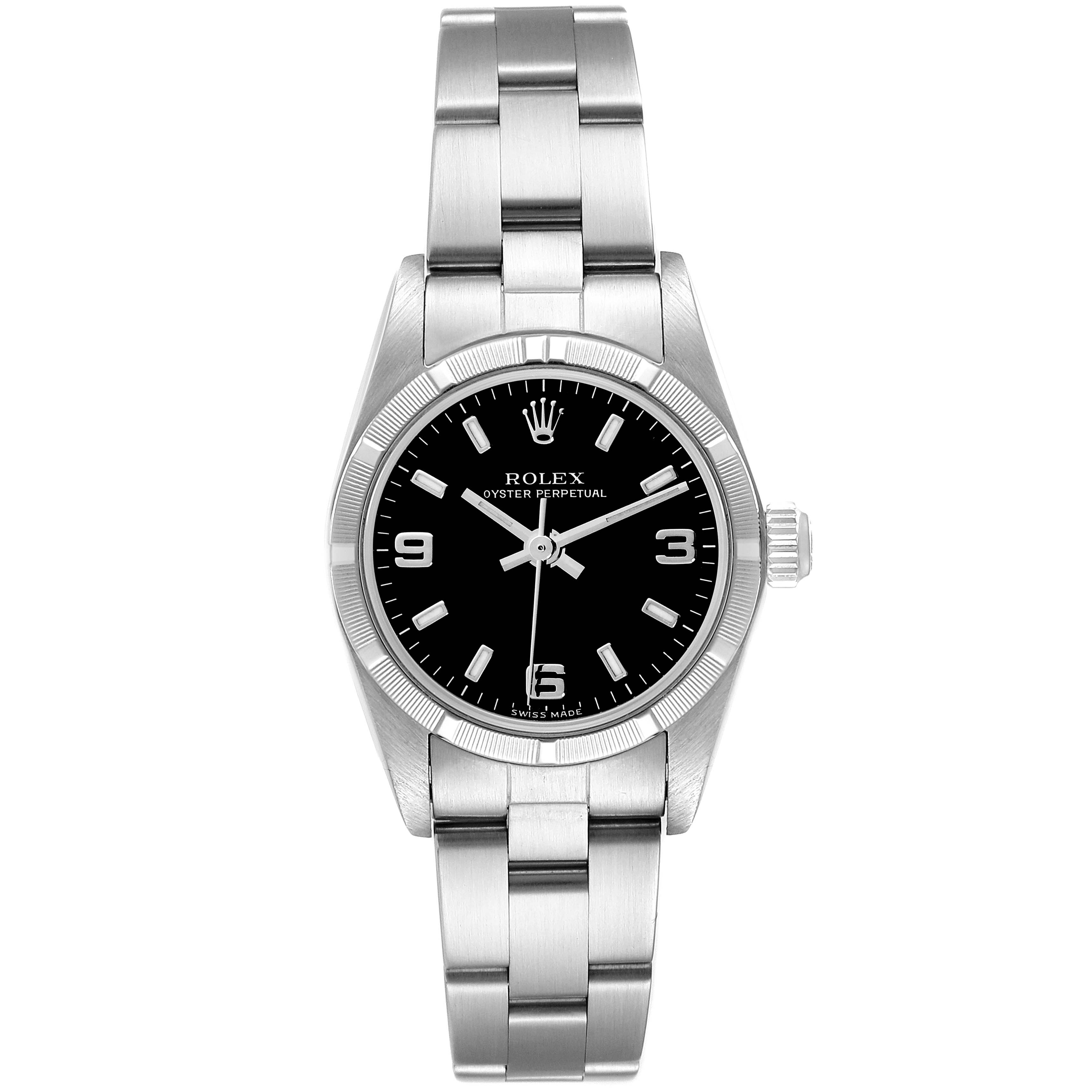 The Rolex Oyster Perpetual 76030 Women's Stainless Steel Black Dial 76030 Women's Stainless Steel Black Dial is shown from a frontal angle, highlighting the dial, bezel, crown, and bracelet.