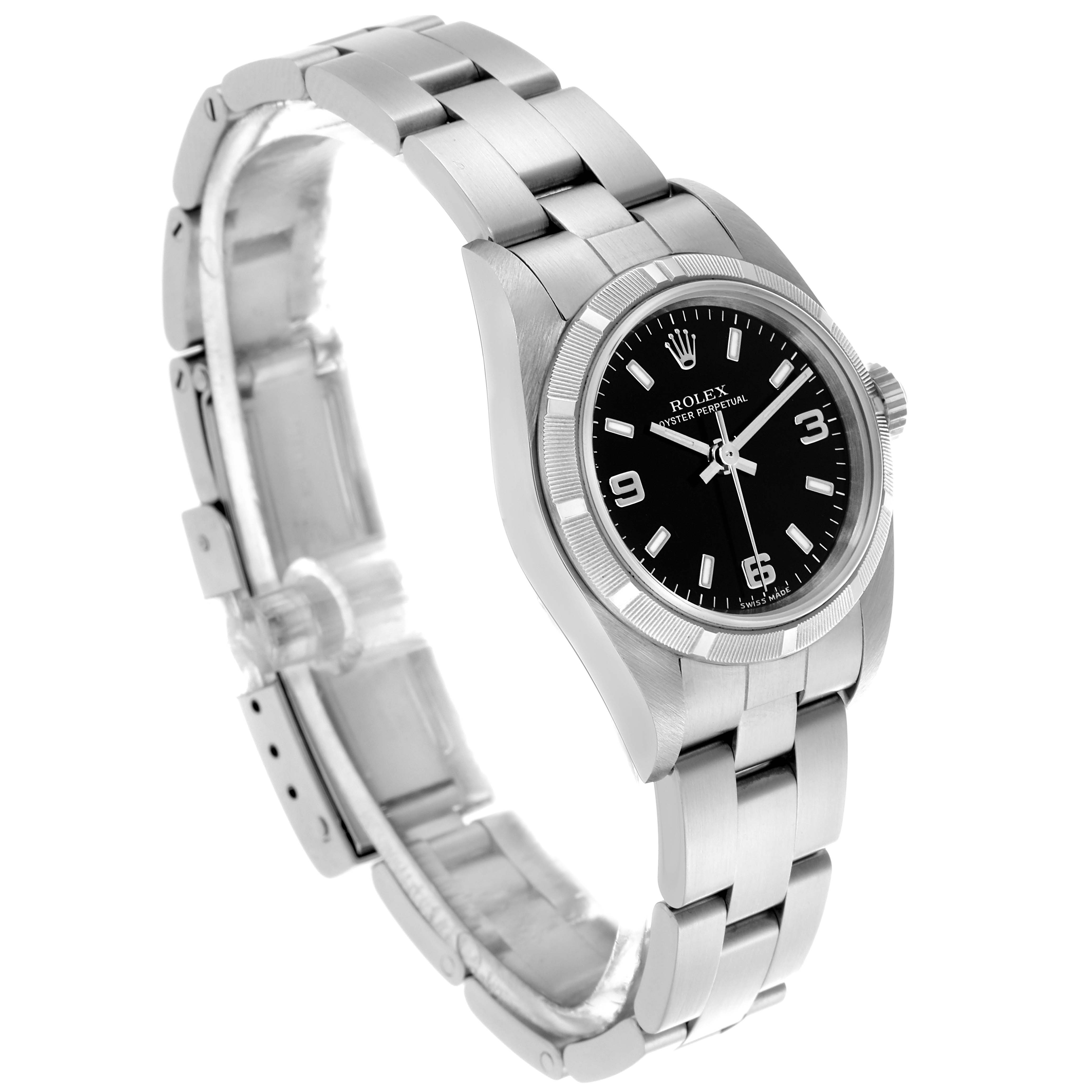 The Rolex Oyster Perpetual 76030 Women's Stainless Steel Black Dial 76030 Women's Stainless Steel Black Dial watch is shown at an angled side view, highlighting the dial, bezel, and bracelet.