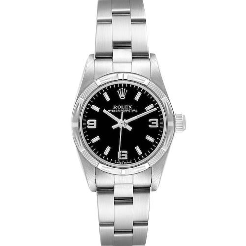 The Rolex Oyster Perpetual watch is shown from the front, displaying the full face, bezel, and bracelet.