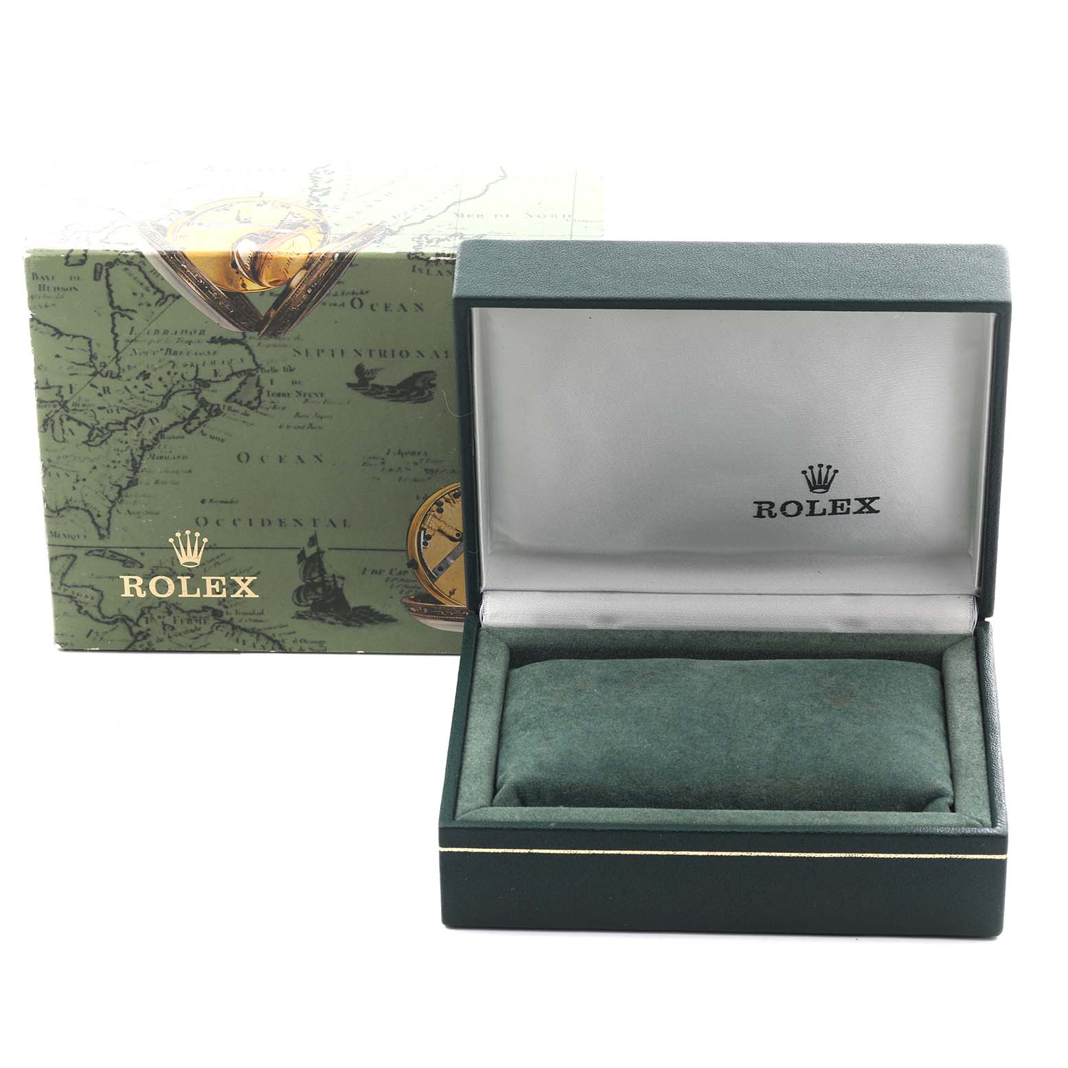 The image shows an empty open Rolex Oyster Perpetual 76030 Women's Stainless Steel Black Dial 76030 Women's Stainless Steel Black Dial watch box, with a decorative outer box in the background.