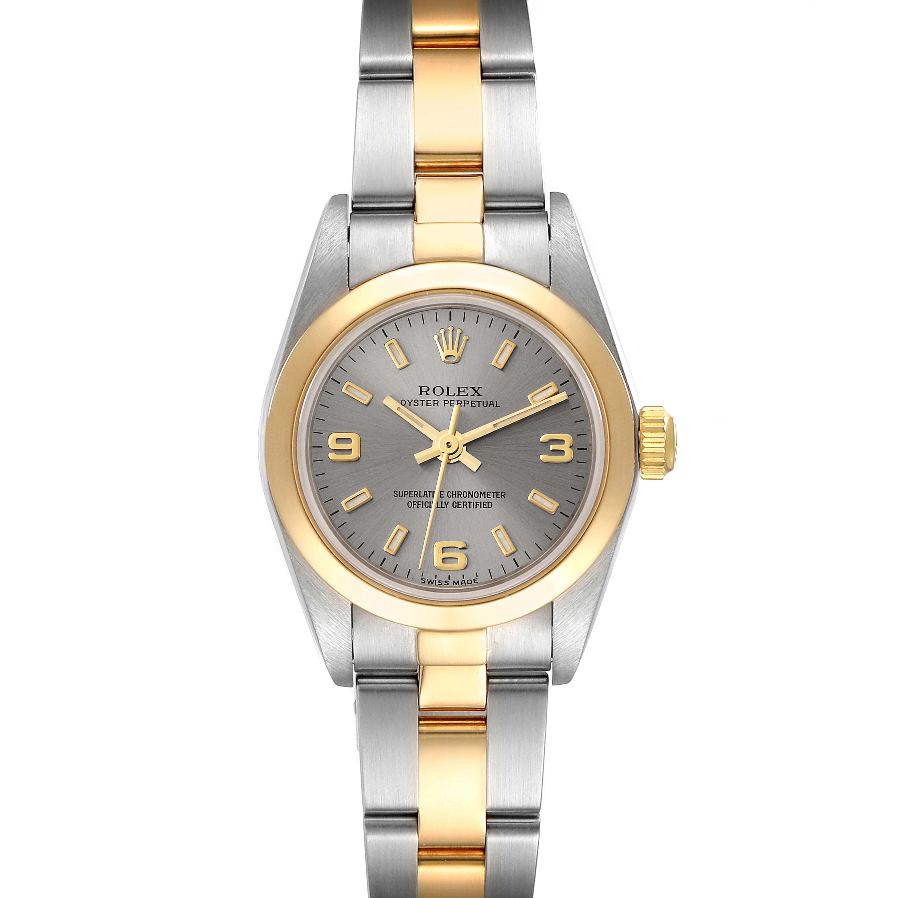 The Rolex Oyster Perpetual 76183 Women's Steel and Gold (two tone) Grey Dial 76183 Women's Steel and Gold (two tone) Grey Dial watch is shown from a top-down angle, displaying its full face, bezel, and two-tone bracelet.