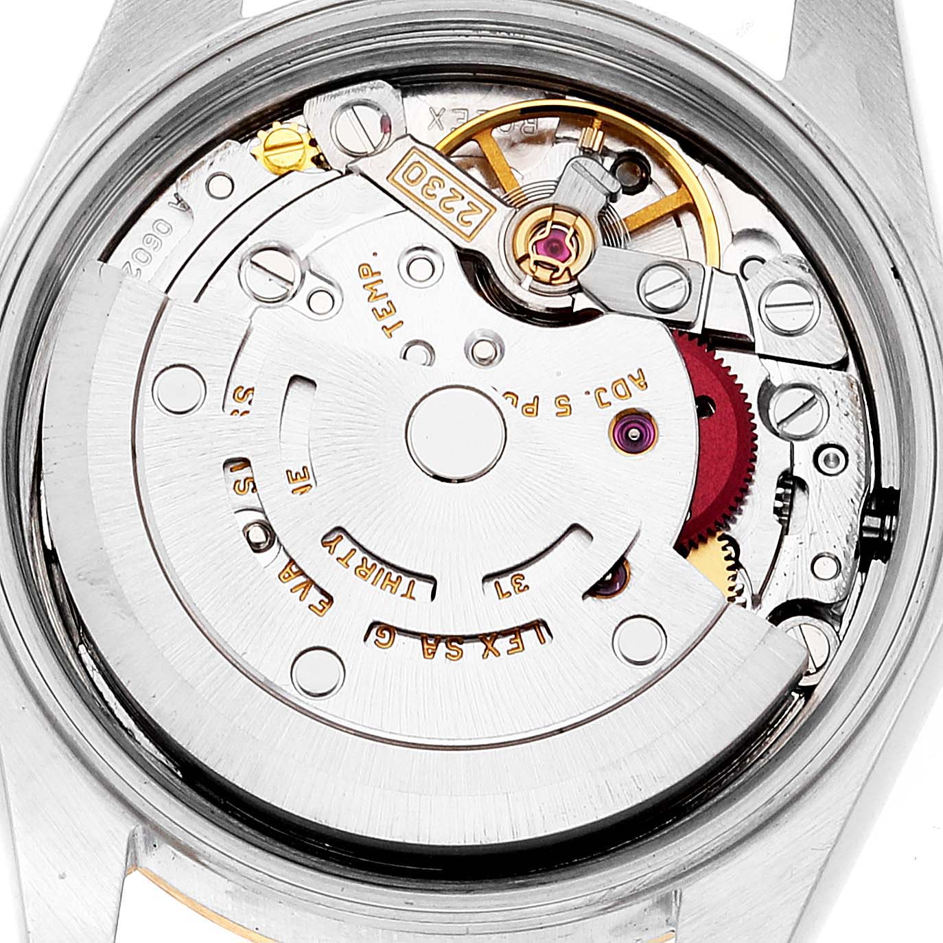 The image shows a close-up, rear view of the internal mechanism of a Rolex Oyster Perpetual 76183 Women's Steel and Gold (two tone) Grey Dial 76183 Women's Steel and Gold (two tone) Grey Dial watch.