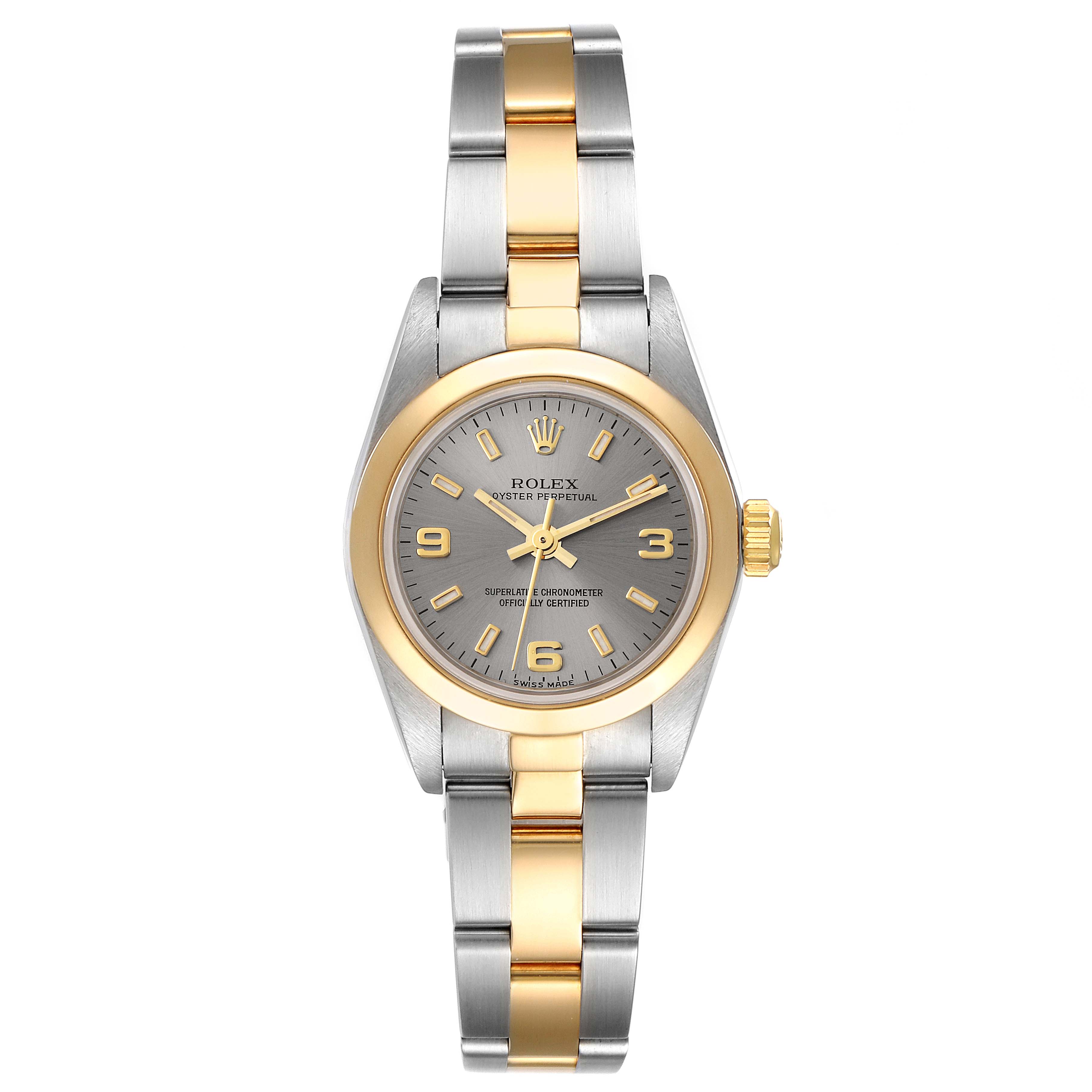 This Rolex Oyster Perpetual 76183 Women's Steel and Gold (two tone) Grey Dial 76183 Women's Steel and Gold (two tone) Grey Dial watch is shown from a front angle, displaying its face, bezel, and two-tone bracelet.