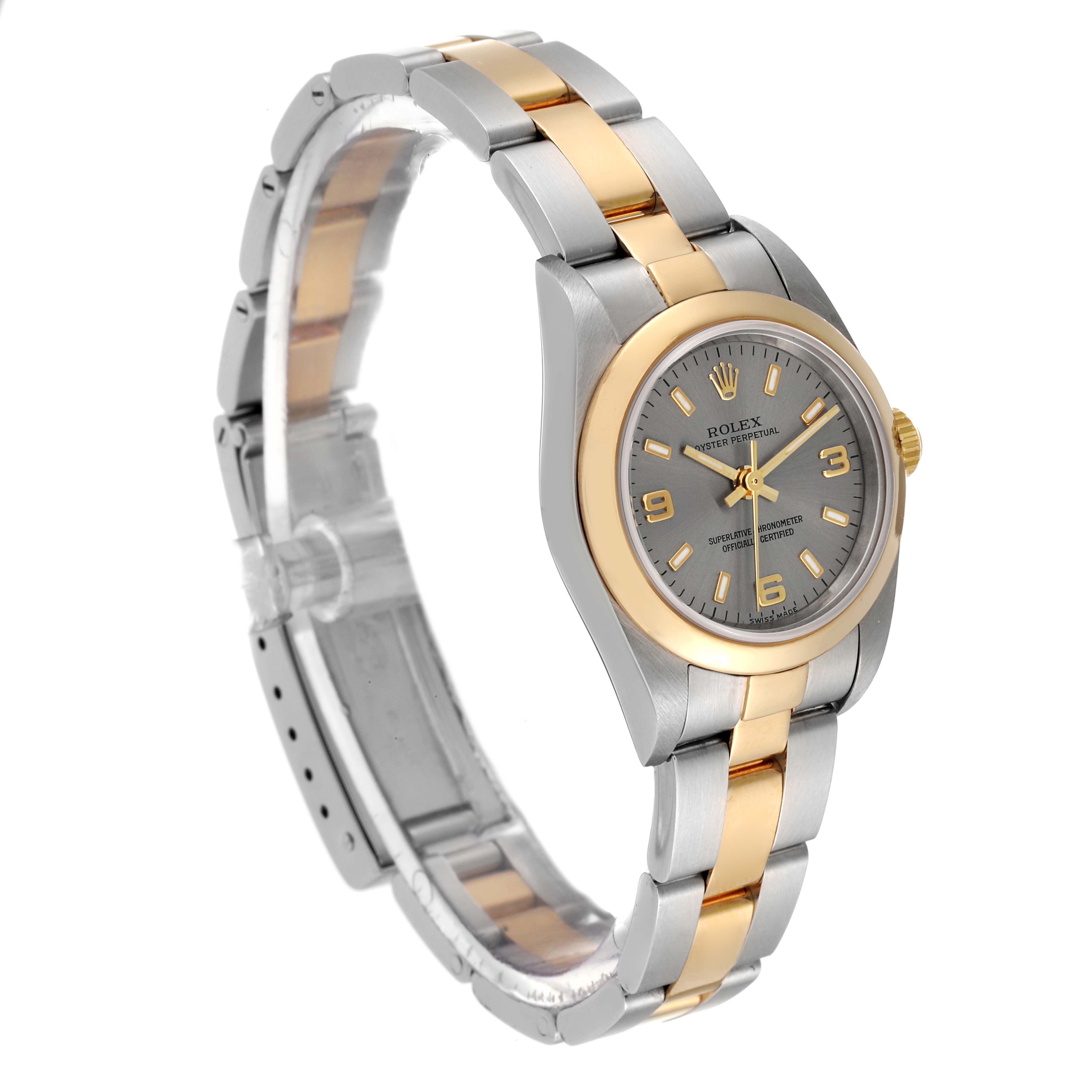 The image shows a Rolex Oyster Perpetual 76183 Women's Steel and Gold (two tone) Grey Dial 76183 Women's Steel and Gold (two tone) Grey Dial watch at an angled view, highlighting the dial, bracelet, and clasp.