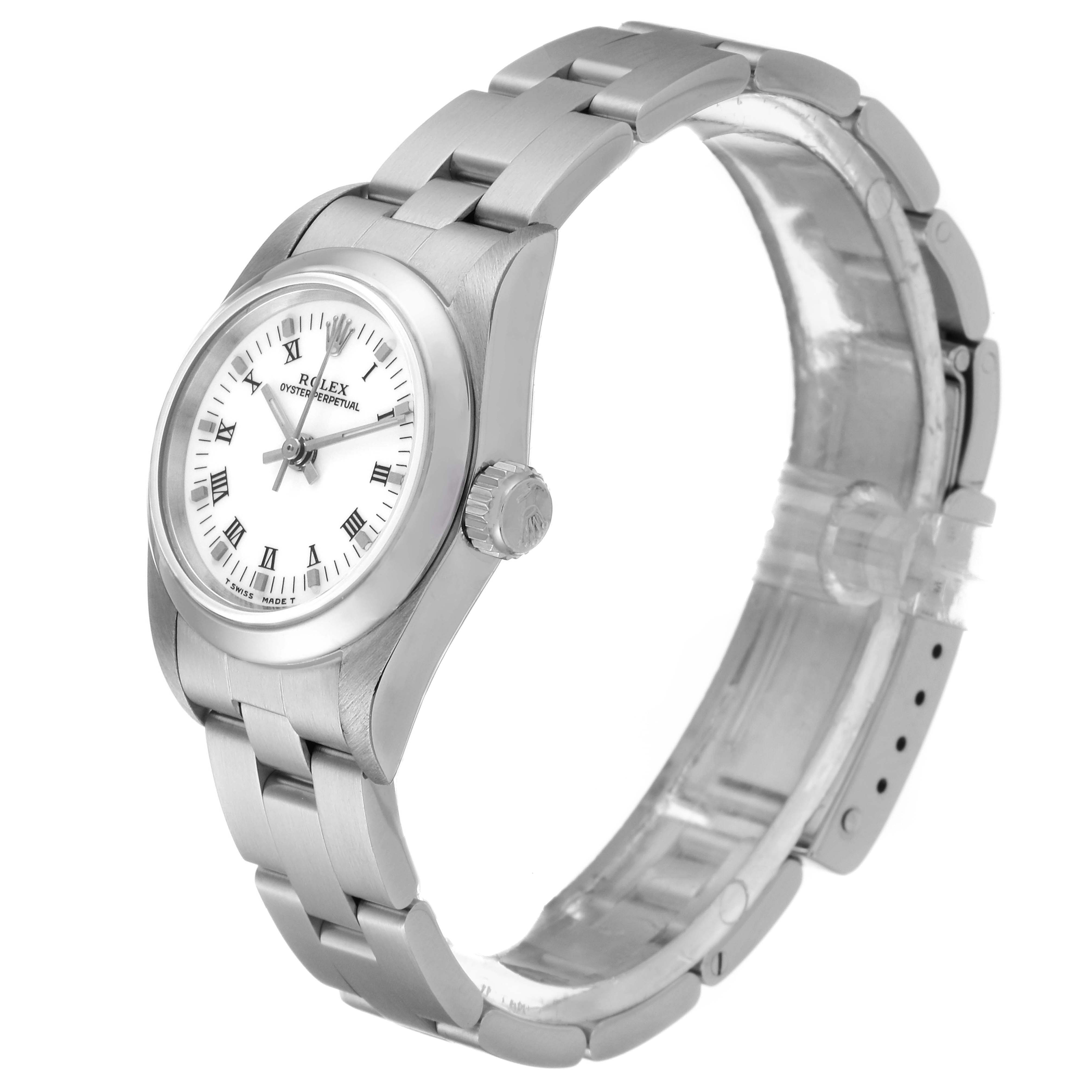 The Rolex Oyster Perpetual 67180 Women's Stainless Steel White Dial 67180 Women's Stainless Steel White Dial watch is shown at a slight angle, displaying the face, case, crown, and bracelet.