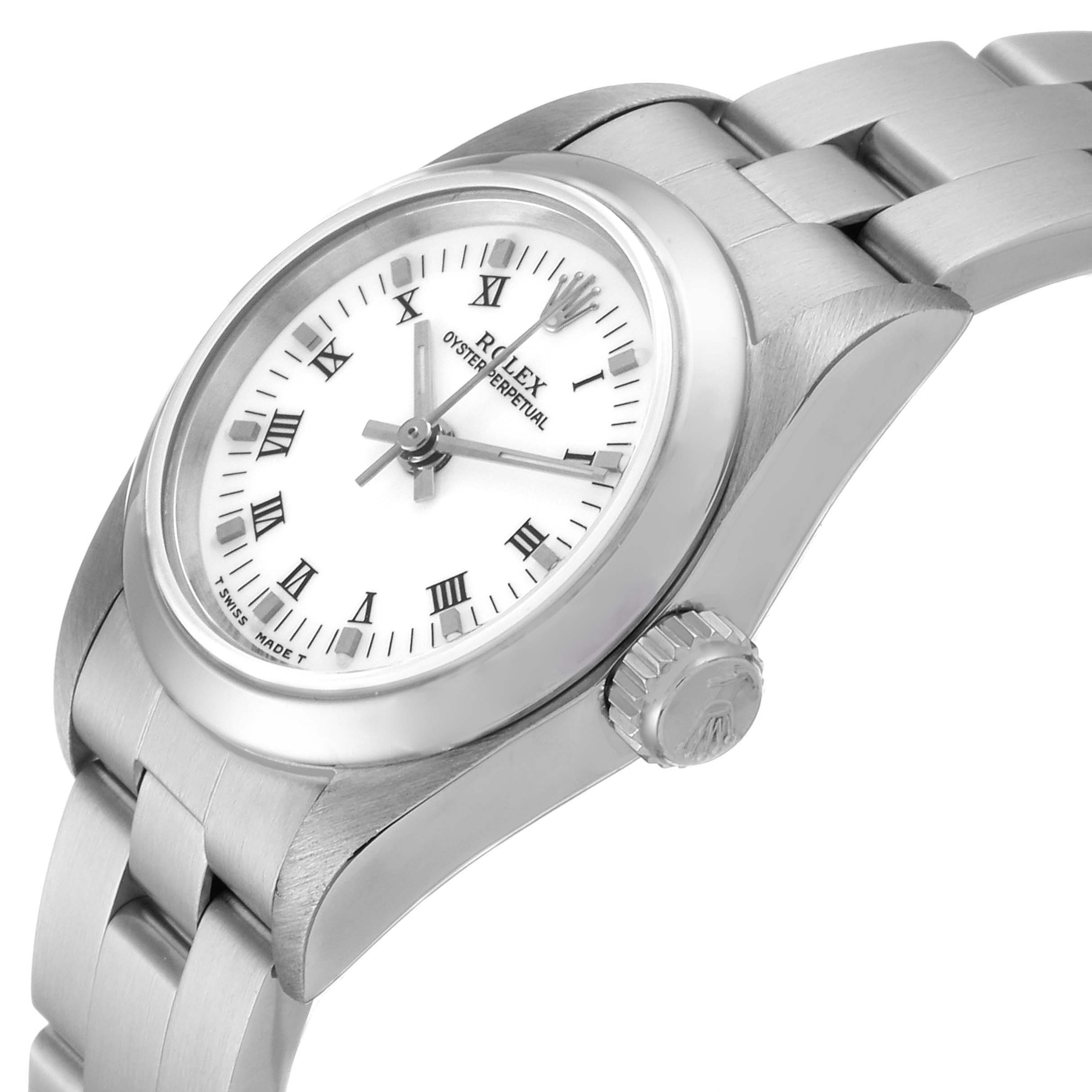 This image shows a close-up side angle of a Rolex Oyster Perpetual 67180 Women's Stainless Steel White Dial 67180 Women's Stainless Steel White Dial watch, highlighting the dial, crown, and part of the bracelet.