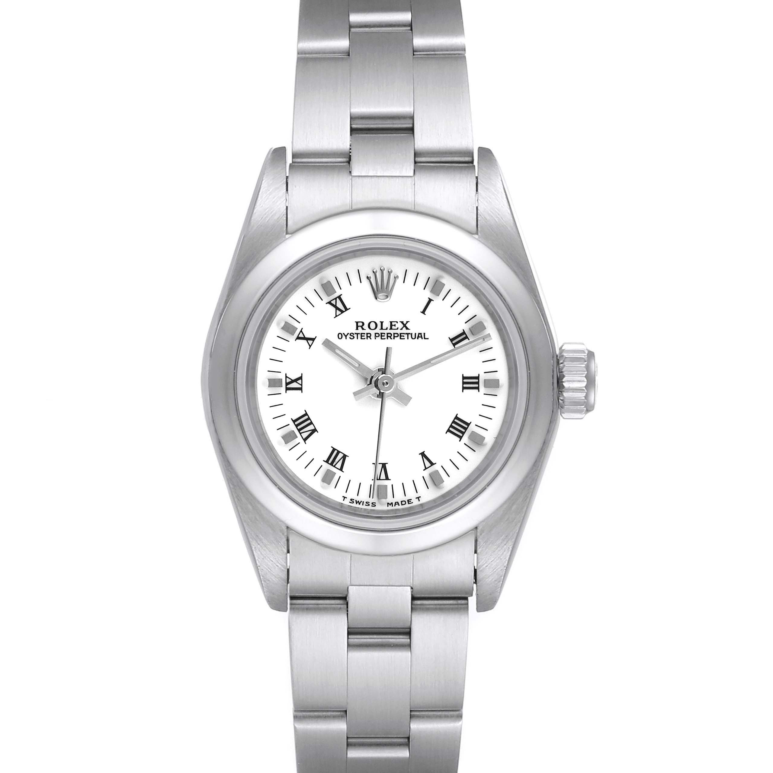 The Rolex Oyster Perpetual 67180 Women's Stainless Steel White Dial 67180 Women's Stainless Steel White Dial watch is shown from a front view, highlighting its dial, bezel, and bracelet.