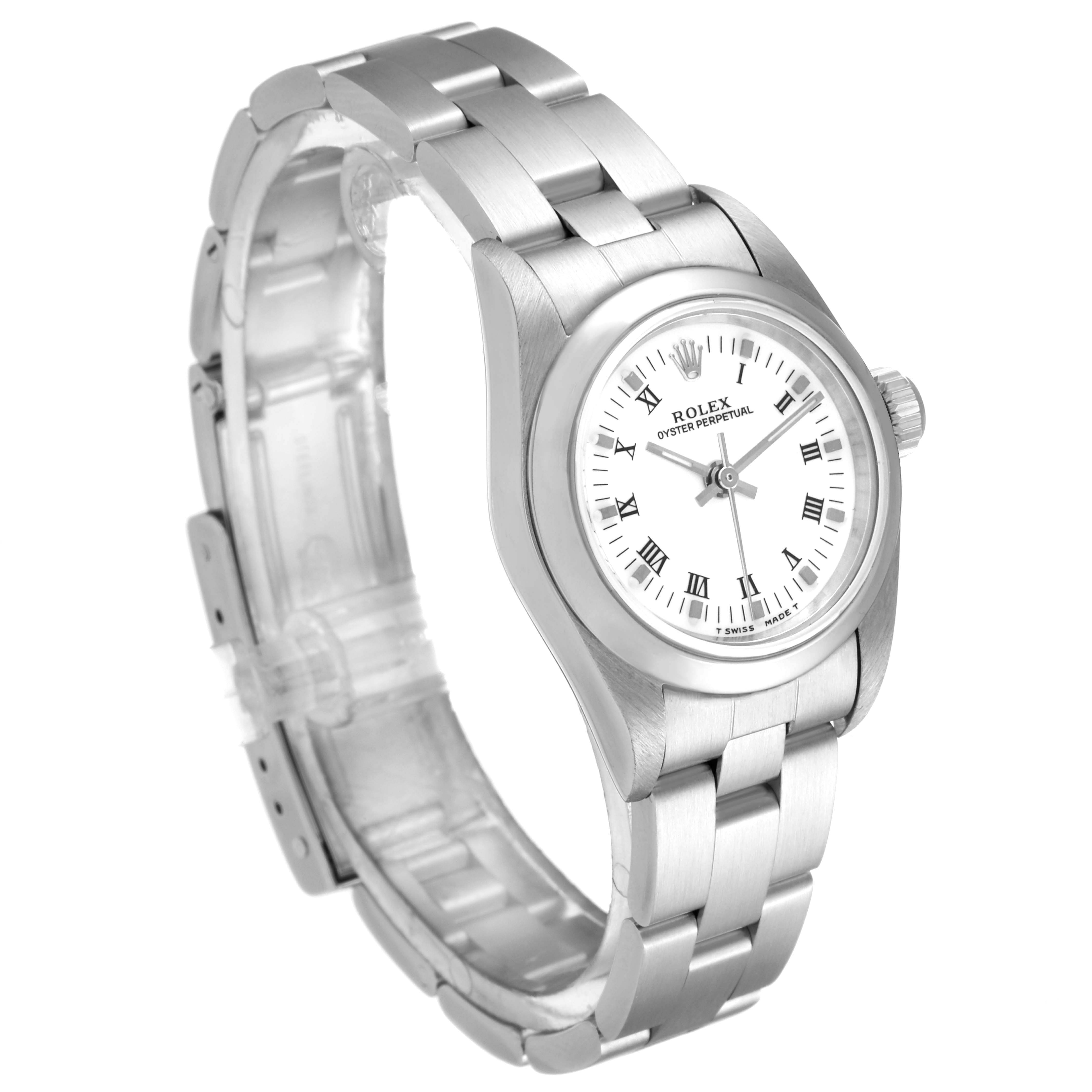 This image shows a side view of the Rolex Oyster Perpetual 67180 Women's Stainless Steel White Dial 67180 Women's Stainless Steel White Dial watch, highlighting its band, case, and dial.