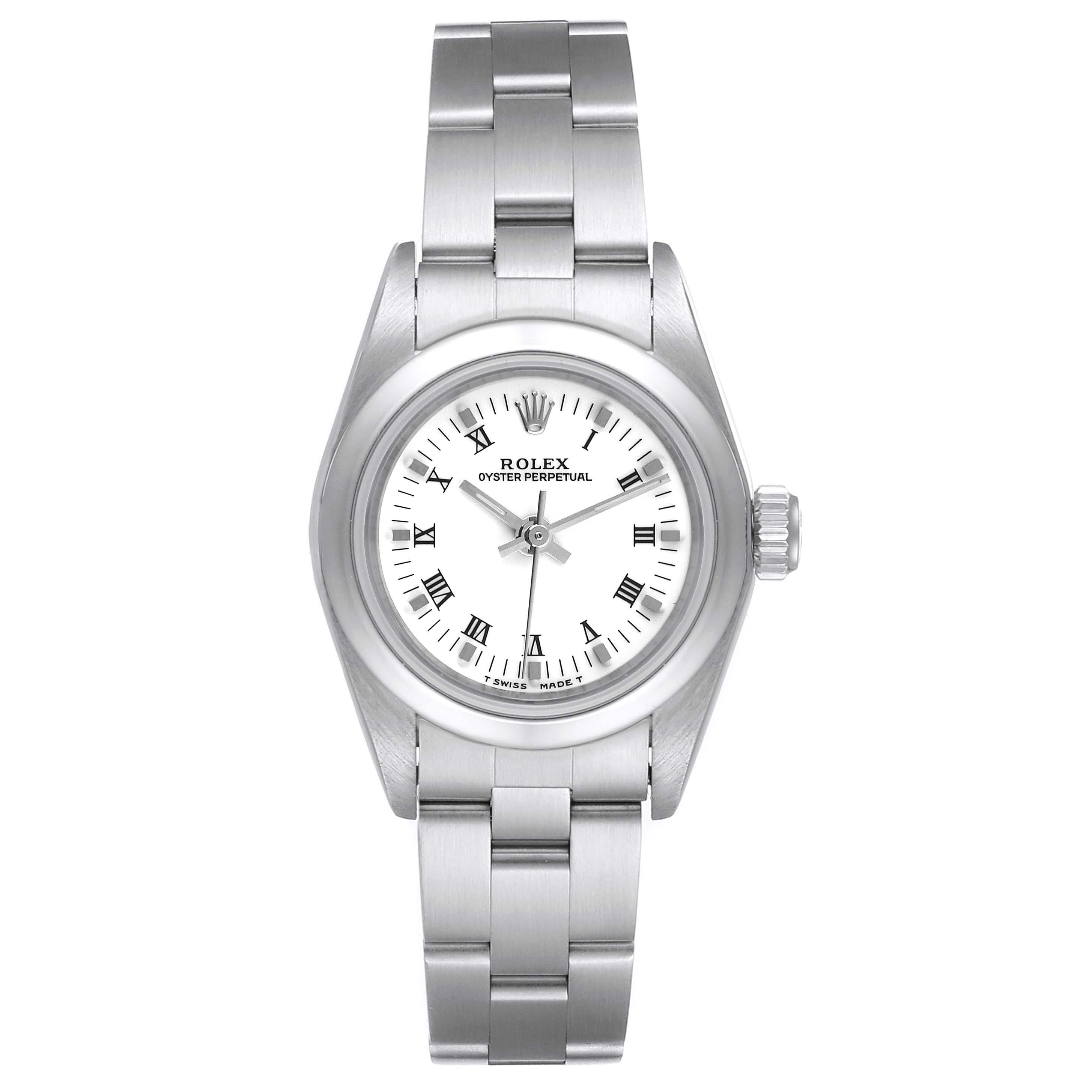 This Rolex Oyster Perpetual 67180 Women's Stainless Steel White Dial 67180 Women's Stainless Steel White Dial watch is shown from the front, displaying its face, bezel, crown, and bracelet.