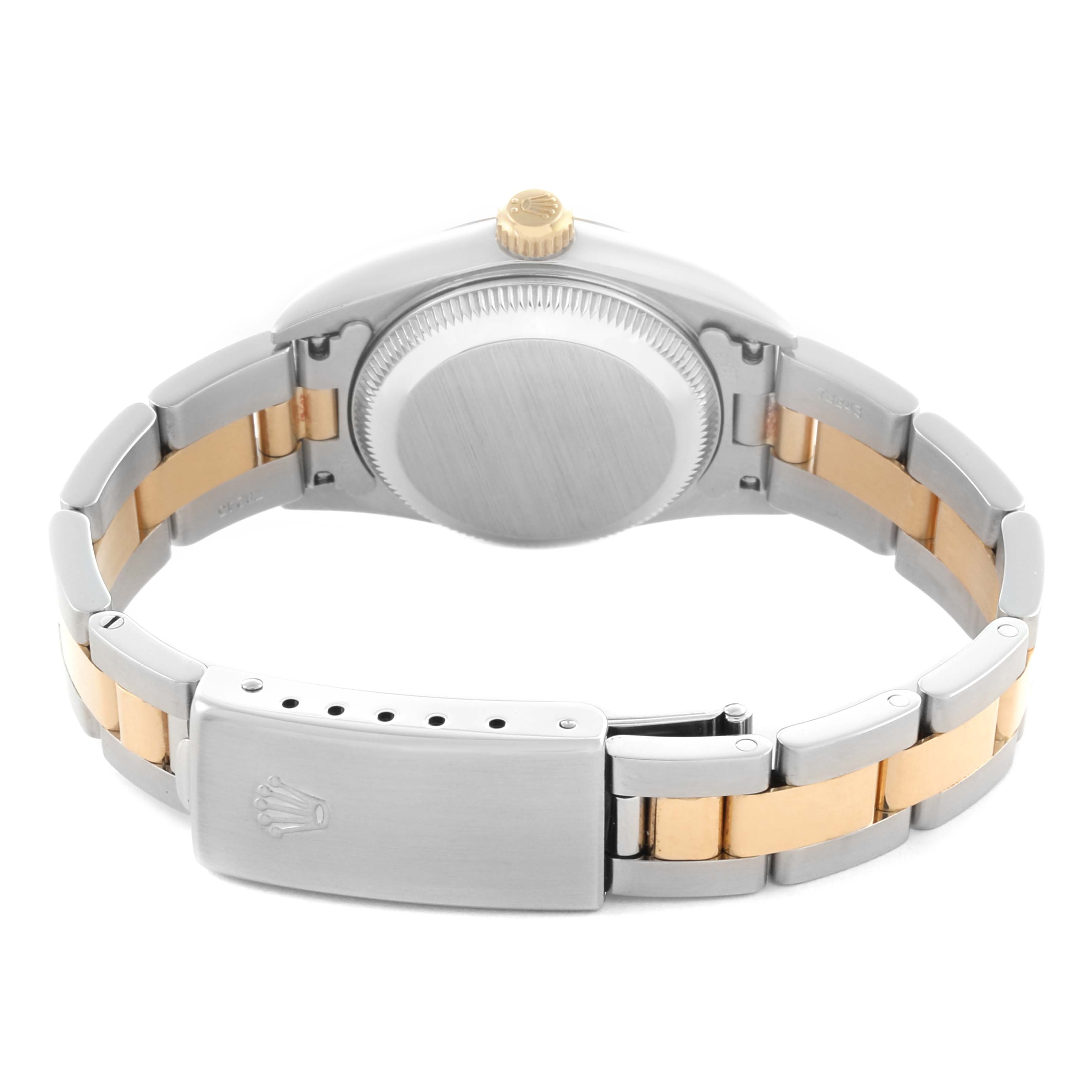 The image shows the back view of a Rolex Oyster Perpetual 76193 Women's Steel and Gold (two tone) Champagne Dial 76193 Women's Steel and Gold (two tone) Champagne Dial, featuring the case back, crown, and two-tone bracelet with clasp.