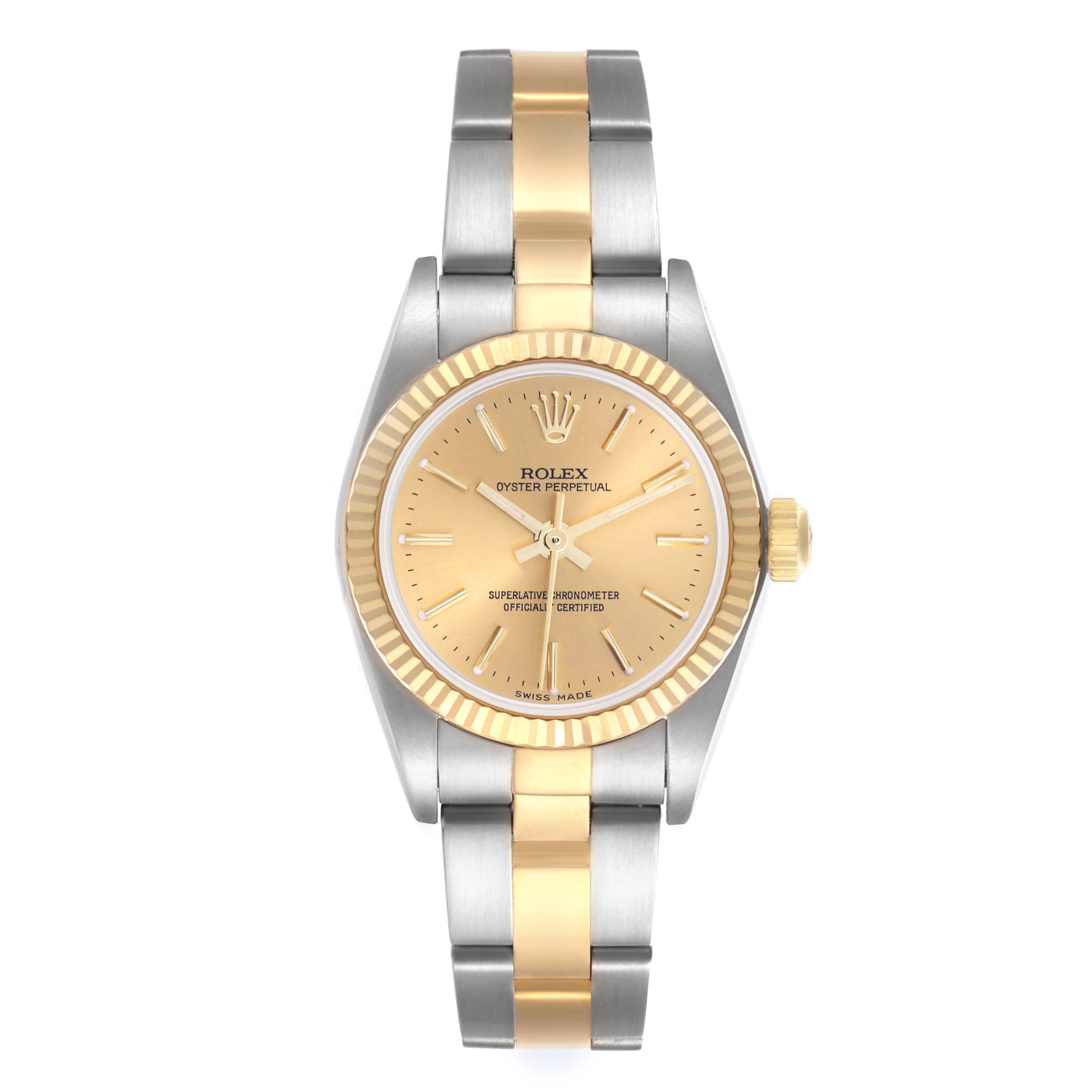 The Rolex Oyster Perpetual 76193 Women's Steel and Gold (two tone) Champagne Dial 76193 Women's Steel and Gold (two tone) Champagne Dial watch is shown from a top-down angle, displaying its dial, bezel, and two-tone bracelet.