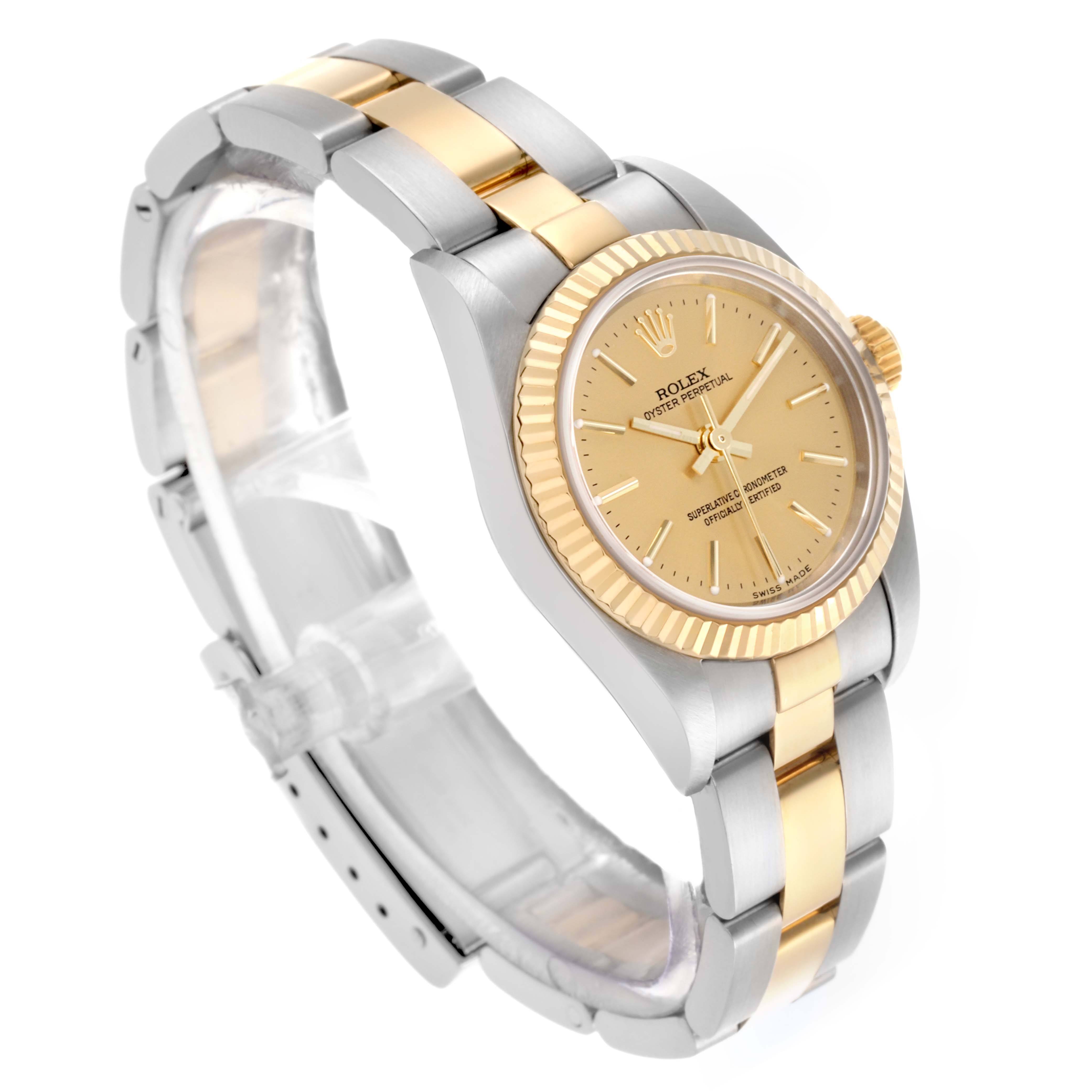 The Rolex Oyster Perpetual 76193 Women's Steel and Gold (two tone) Champagne Dial 76193 Women's Steel and Gold (two tone) Champagne Dial watch is shown from a front-side angle, highlighting the case, bracelet, and dial.