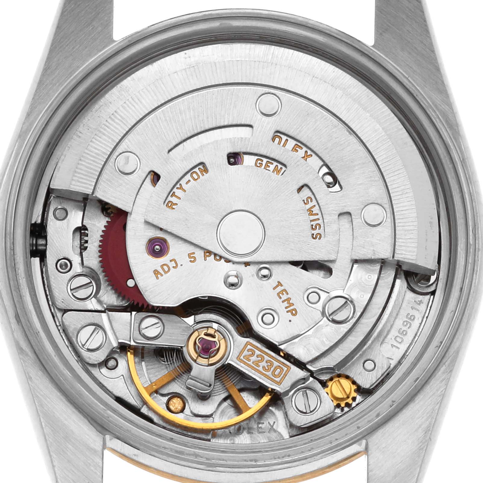 The image shows the movement of a Rolex Oyster Perpetual 76193 Women's Steel and Gold (two tone) Champagne Dial 76193 Women's Steel and Gold (two tone) Champagne Dial watch from the back, highlighting its intricate internal components.
