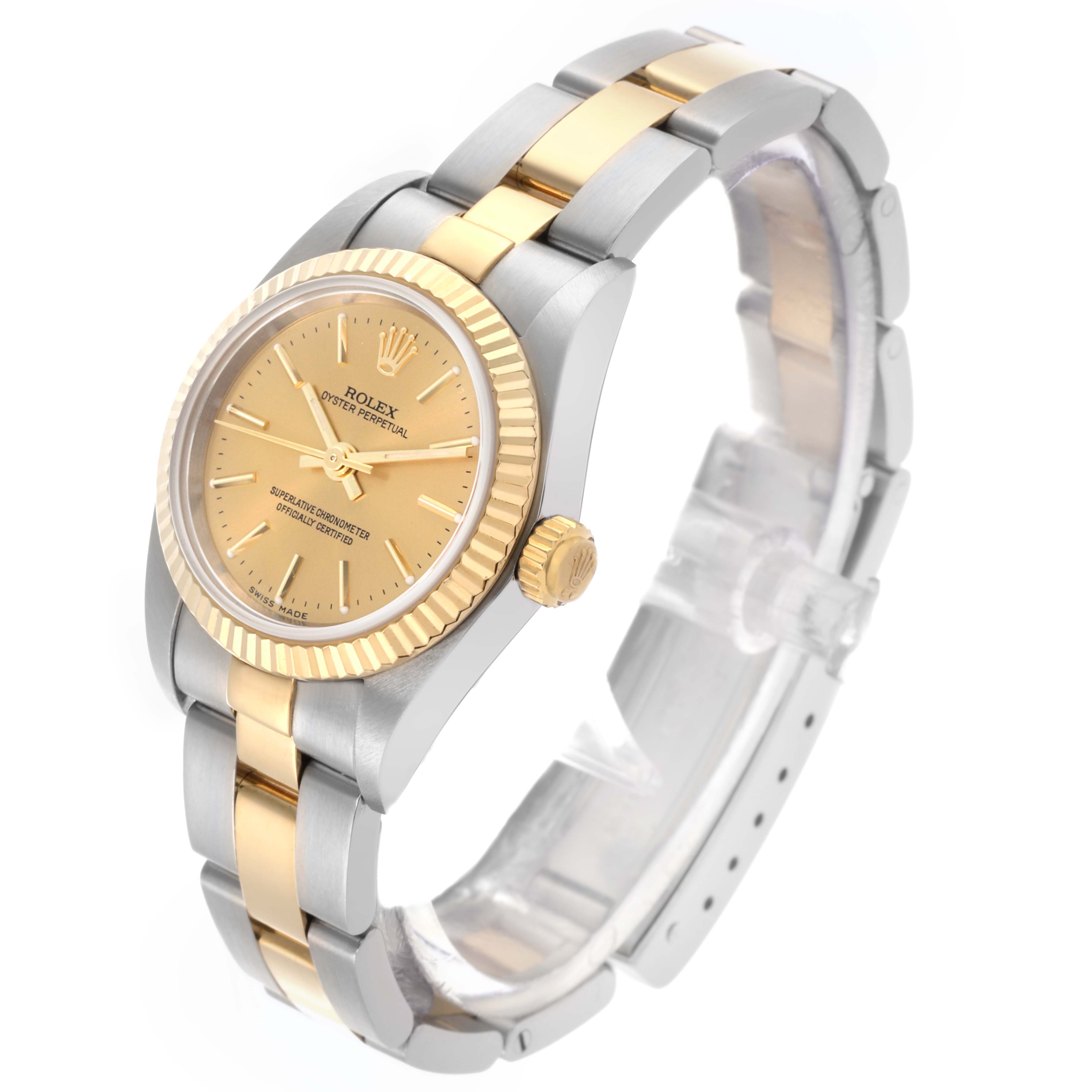 The Rolex Oyster Perpetual 76193 Women's Steel and Gold (two tone) Champagne Dial 76193 Women's Steel and Gold (two tone) Champagne Dial watch is shown at a three-quarter angle, highlighting the face, bezel, and bracelet.
