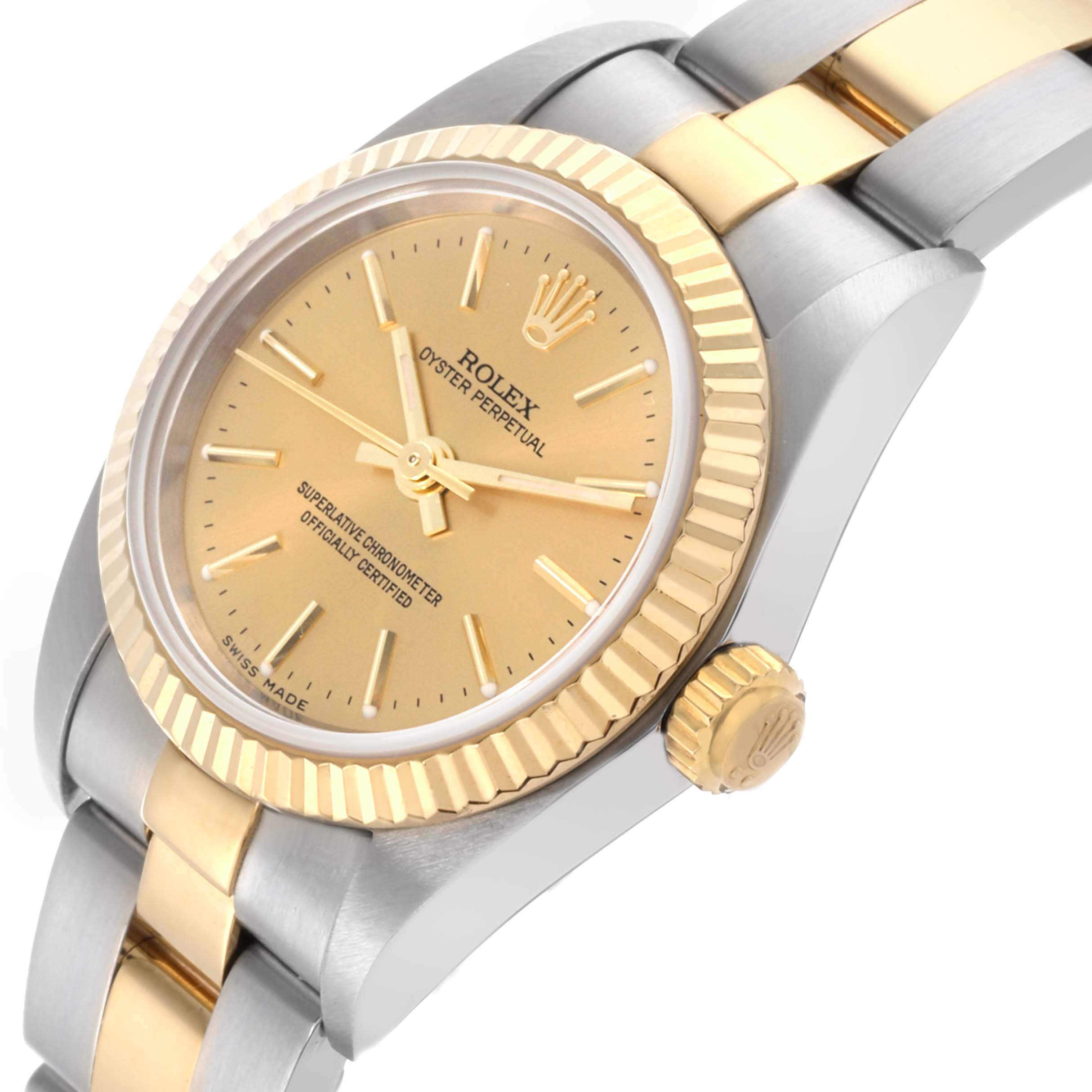 The Rolex Oyster Perpetual 76193 Women's Steel and Gold (two tone) Champagne Dial 76193 Women's Steel and Gold (two tone) Champagne Dial watch is shown at an angled top view, highlighting the gold bezel, dial, and mixed metal bracelet.