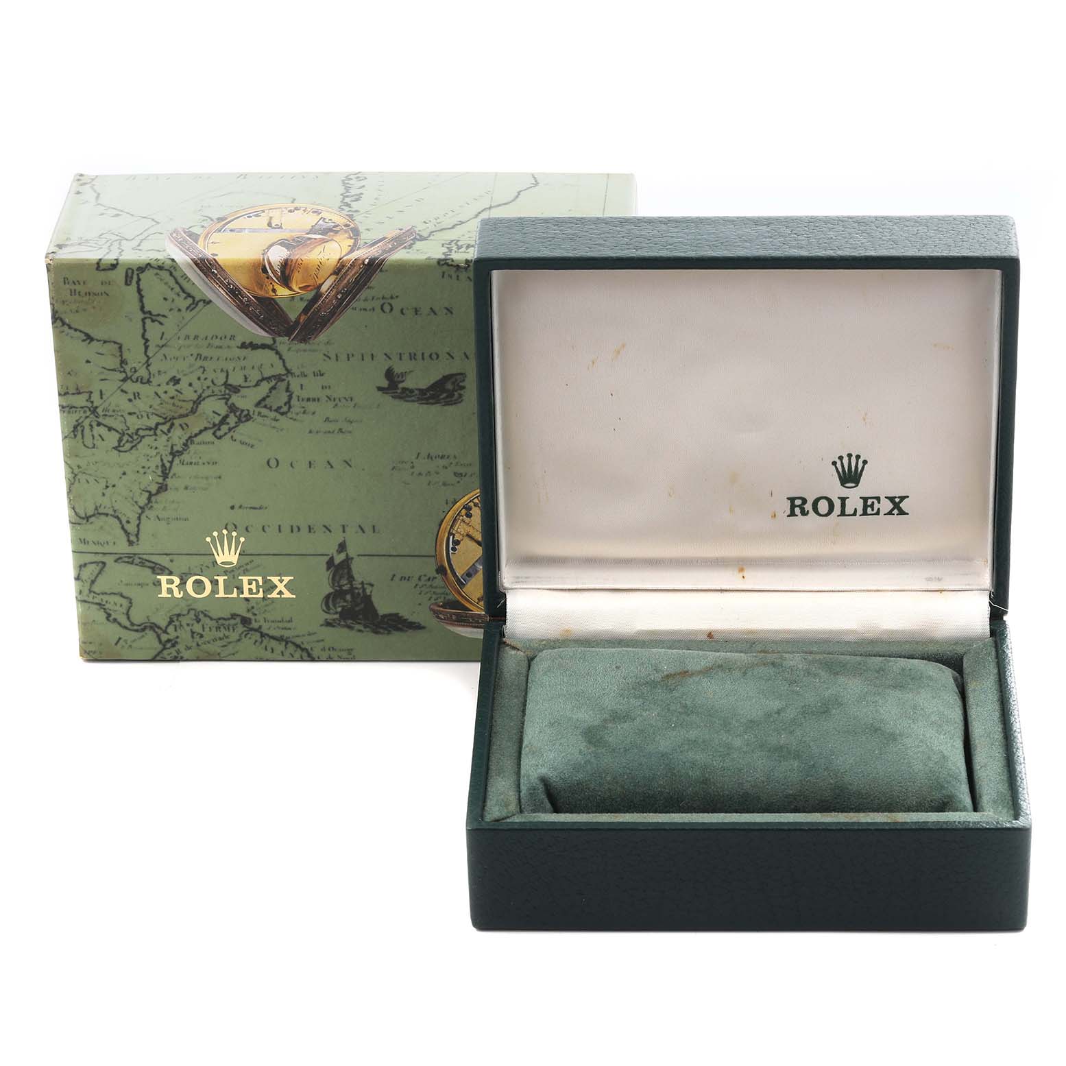 The image shows a Rolex Oyster Perpetual 76193 Women's Steel and Gold (two tone) Champagne Dial 76193 Women's Steel and Gold (two tone) Champagne Dial watch box with the lid open, alongside its decorated outer box.