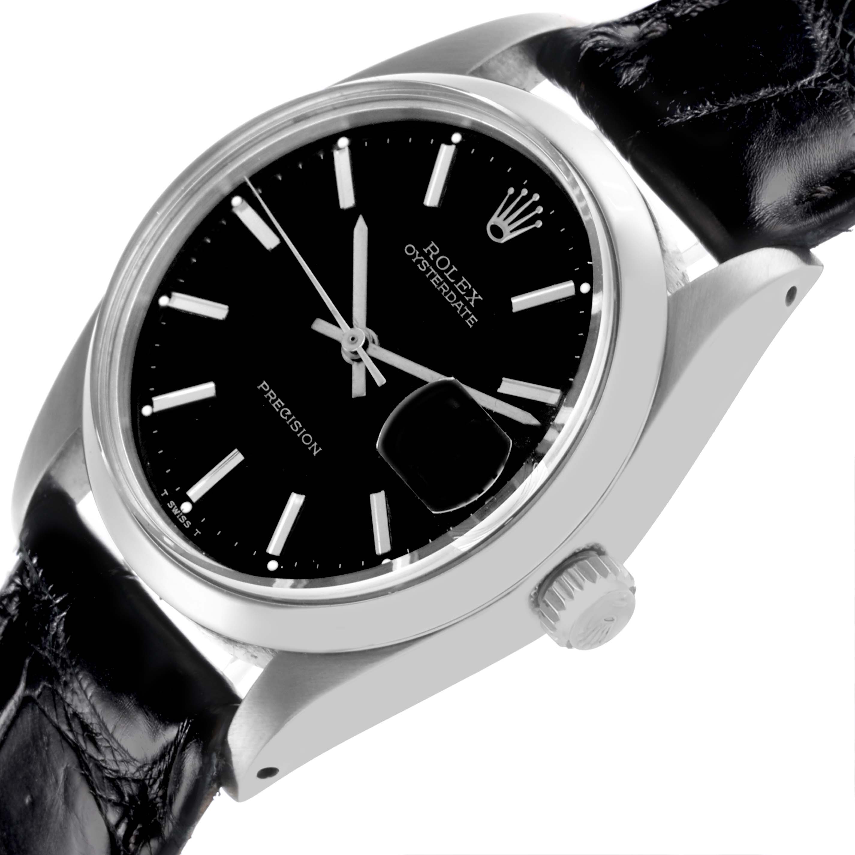 The Rolex Date 6694 Men's Stainless Steel Black Dial 6694 Men's Stainless Steel Black Dial watch is shown at a slight angle, displaying its black dial, silver markers, and leather strap.