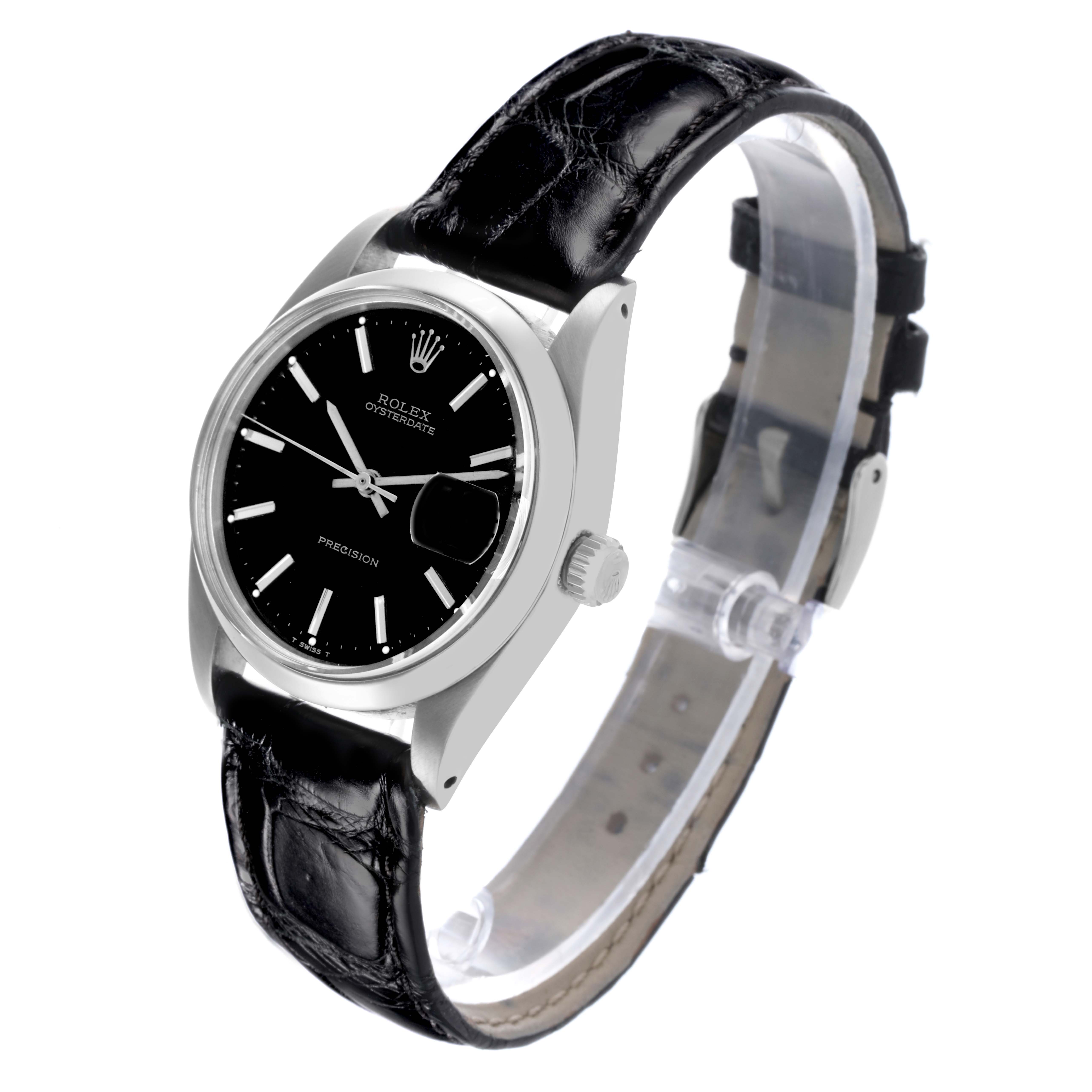 The Rolex Date 6694 Men's Stainless Steel Black Dial 6694 Men's Stainless Steel Black Dial watch is shown from an angled front view, displaying the dial, bezel, crown, and leather strap.