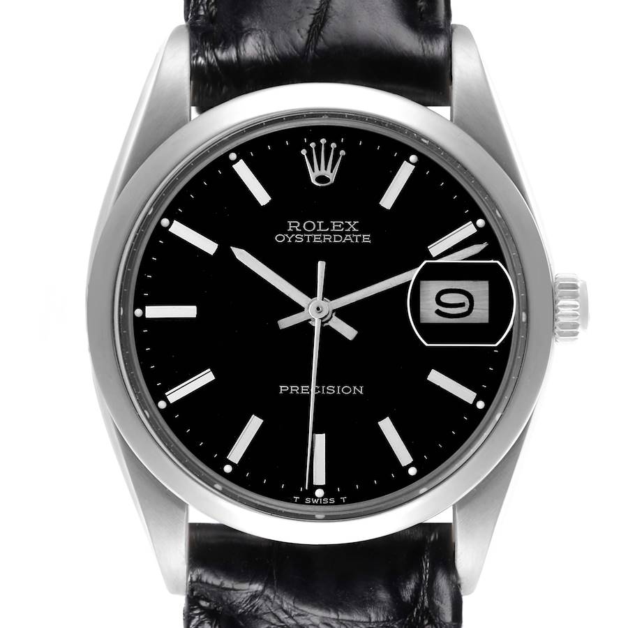 The image shows a frontal view of the Rolex Oysterdate Precision watch, highlighting its black dial, date window, and leather strap.