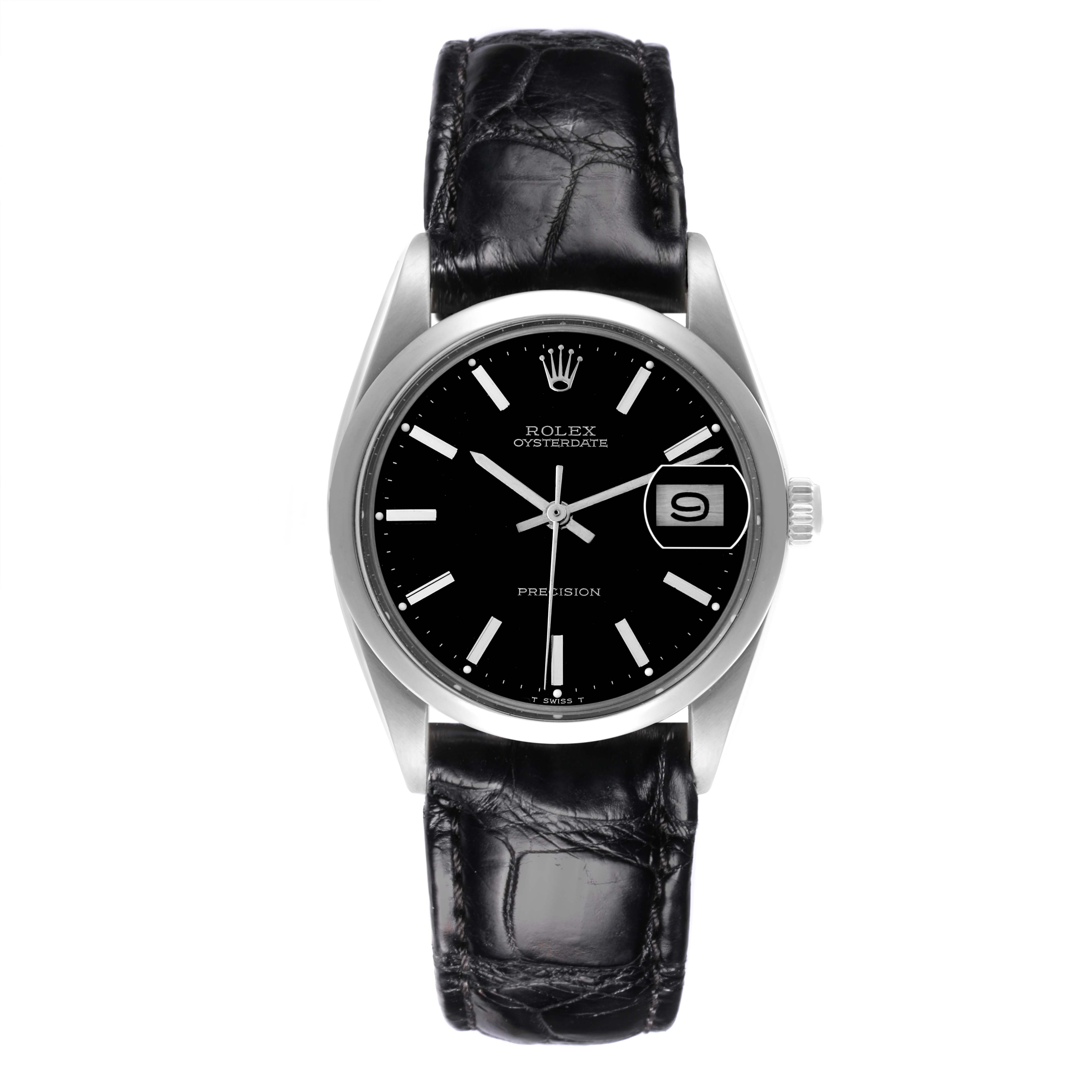 The Rolex Date 6694 Men's Stainless Steel Black Dial 6694 Men's Stainless Steel Black Dial model watch is shown from a top-down angle, displaying its black dial, hands, date window, and black leather strap.