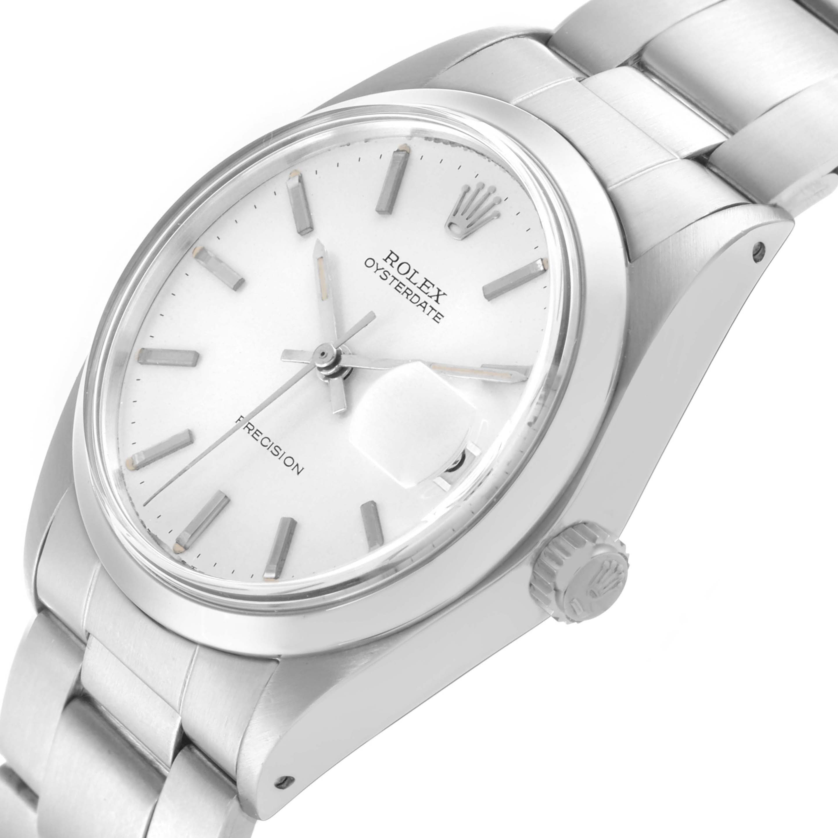 The Rolex Date 6694 Men's Stainless Steel Silver Dial 6694 Men's Stainless Steel Silver Dial model is shown at a side angle, displaying its face, crown, and metal bracelet.