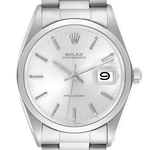 The image shows a frontal view of the Rolex Oysterdate Precision, displaying the dial, hour markers, hands, date window, and crown.