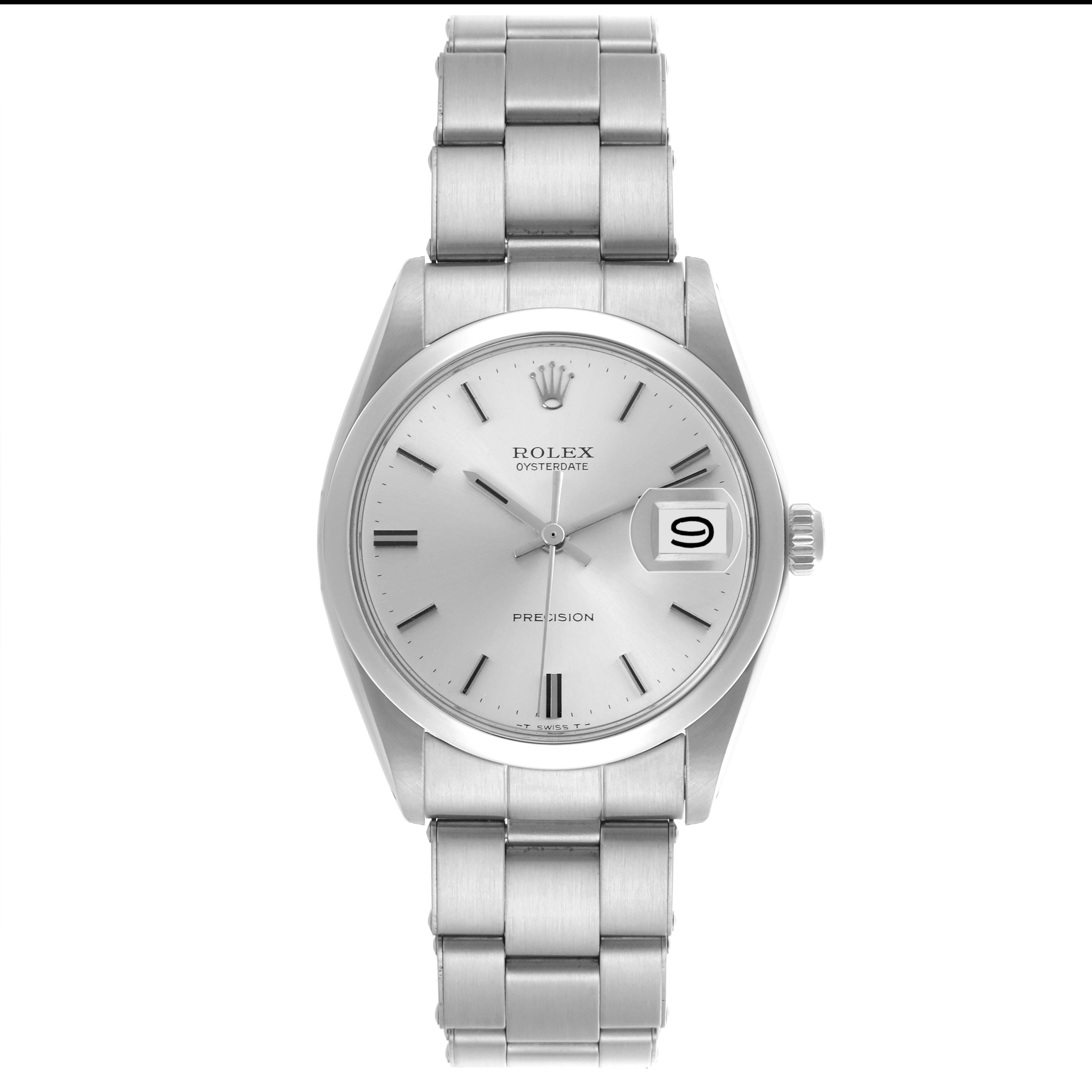 The Rolex Date 6694 Men's Stainless Steel Silver Dial 6694 Men's Stainless Steel Silver Dial watch is shown from a top-down angle, displaying the dial, bezel, case, bracelet, and date window.