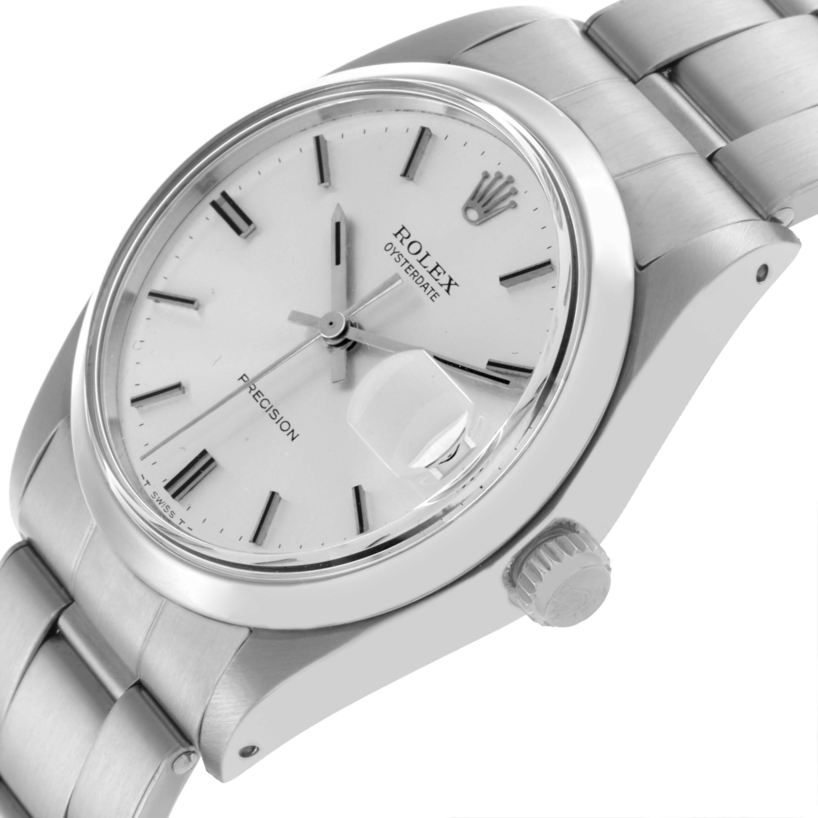 The Rolex Date 6694 Men's Stainless Steel Silver Dial 6694 Men's Stainless Steel Silver Dial model is shown at an angled side view, highlighting the dial, crown, and bracelet.