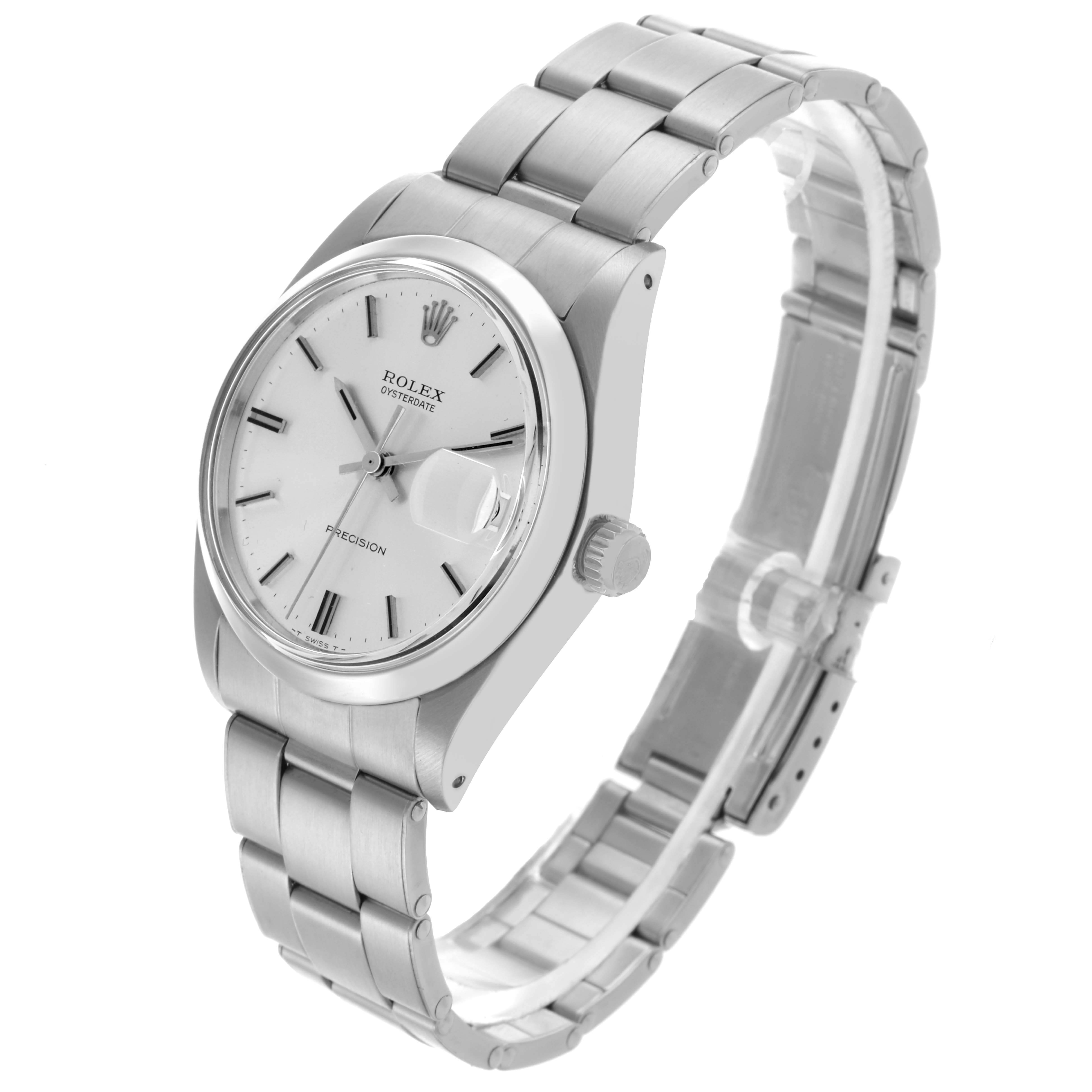 The Rolex Date 6694 Men's Stainless Steel Silver Dial 6694 Men's Stainless Steel Silver Dial model watch is shown at a three-quarter angle, highlighting the dial, crown, and metal bracelet.