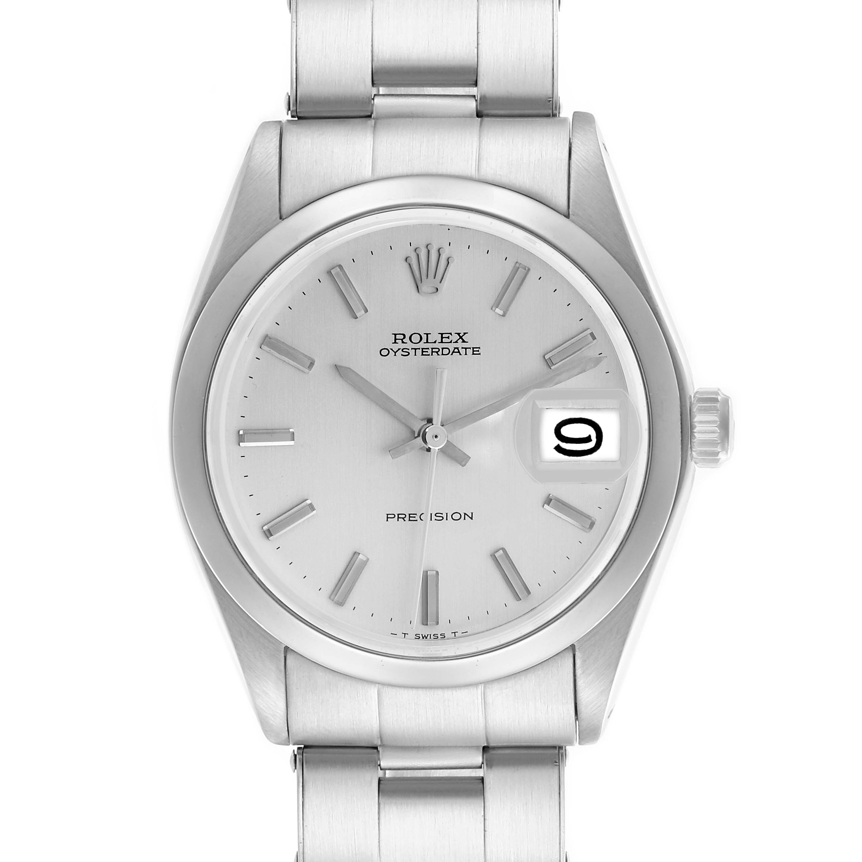 The Rolex Date 6694 Men's Stainless Steel Silver Dial 6694 Men's Stainless Steel Silver Dial model watch is shown from a front angle, displaying its dial, bracelet, and crown.