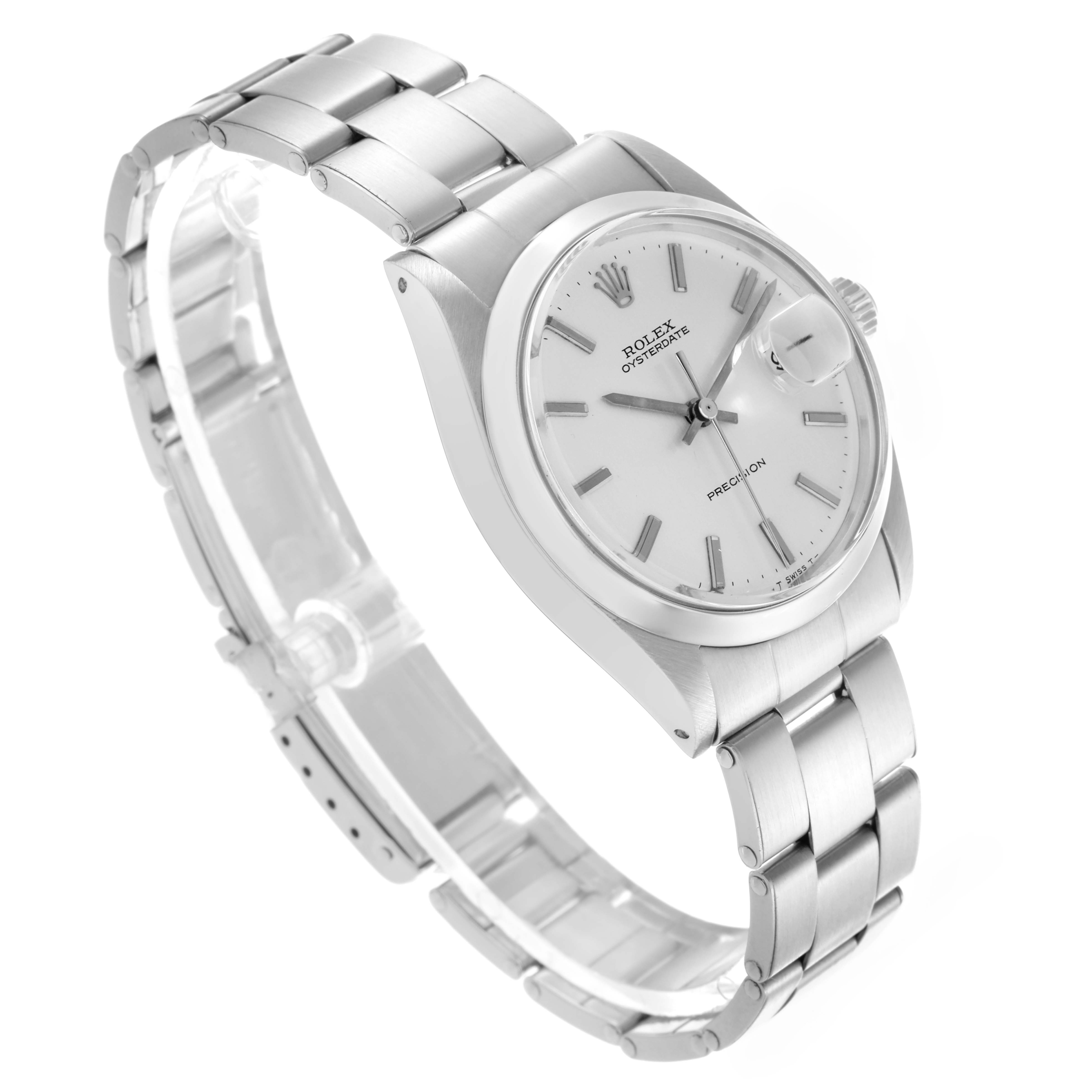 The Rolex Date 6694 Men's Stainless Steel Silver Dial 6694 Men's Stainless Steel Silver Dial model watch is shown at a tilted angle, highlighting the dial, bezel, bracelet, and crown.