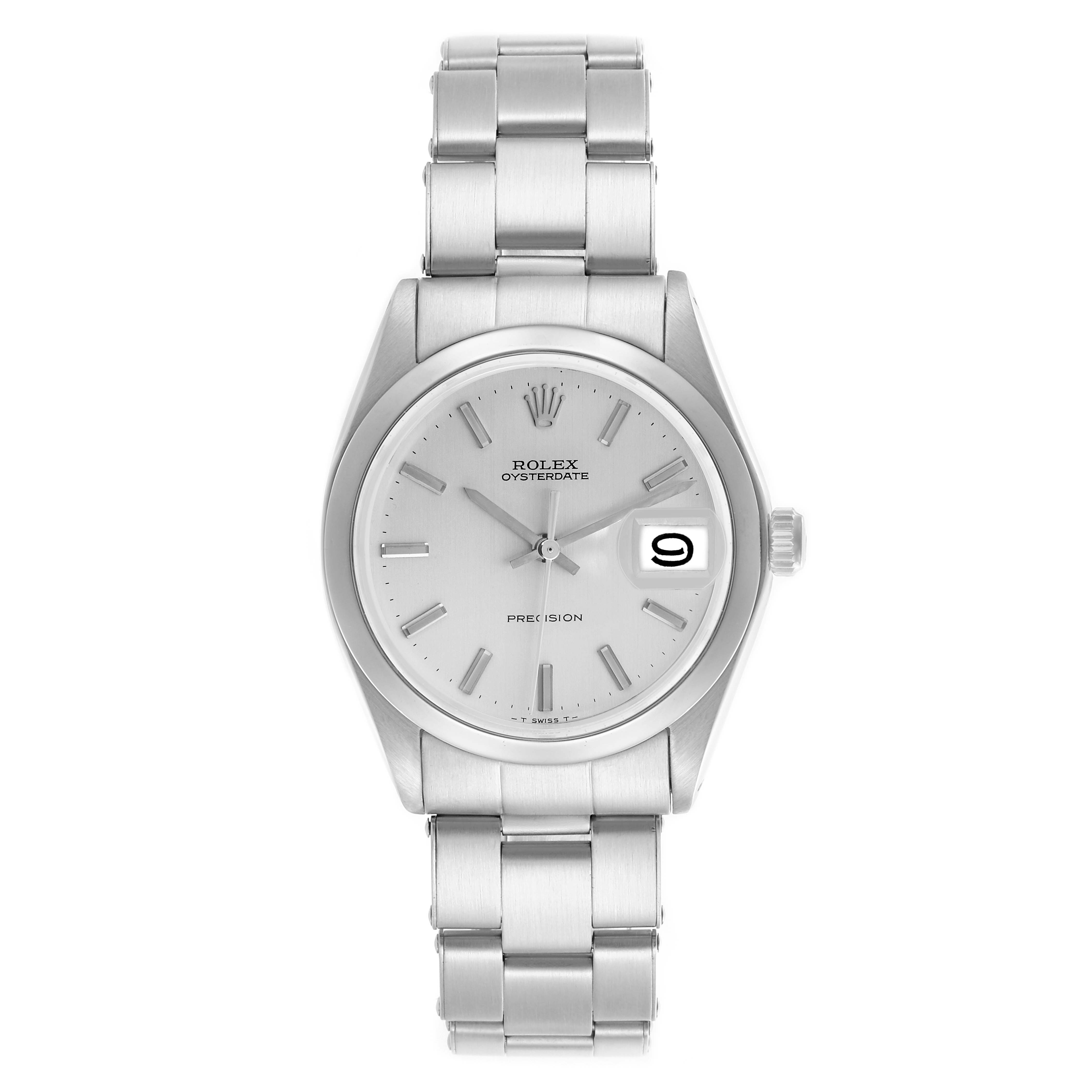 The Rolex Date 6694 Men's Stainless Steel Silver Dial 6694 Men's Stainless Steel Silver Dial watch is shown from a front-facing angle, highlighting the bracelet, dial, and date feature.