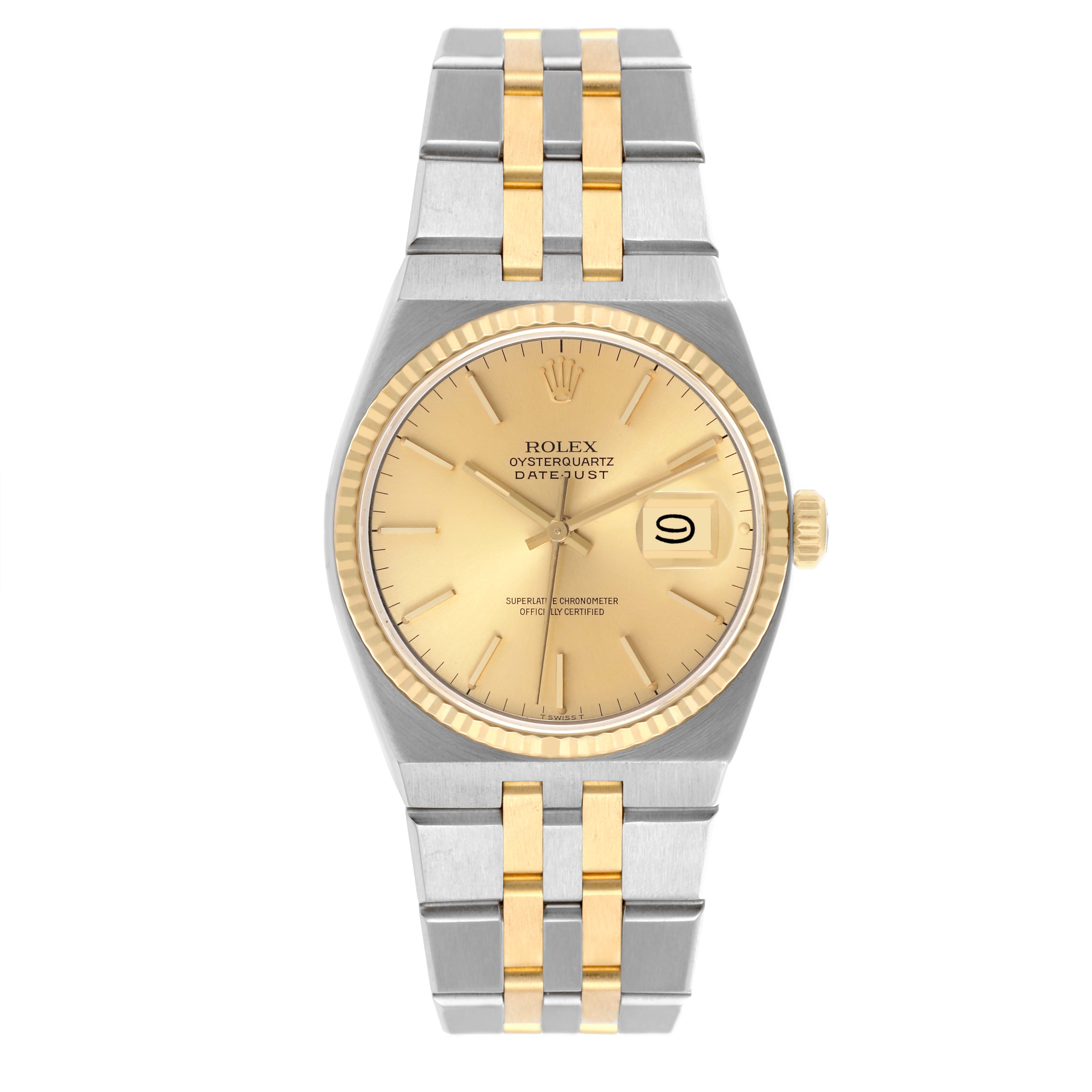 The Rolex Oysterquartz 17013 Men's Steel and Gold (two tone) Champagne Dial 17013 Men's Steel and Gold (two tone) Champagne Dial watch is shown from the front, displaying its gold dial, bezel, and two-tone bracelet.