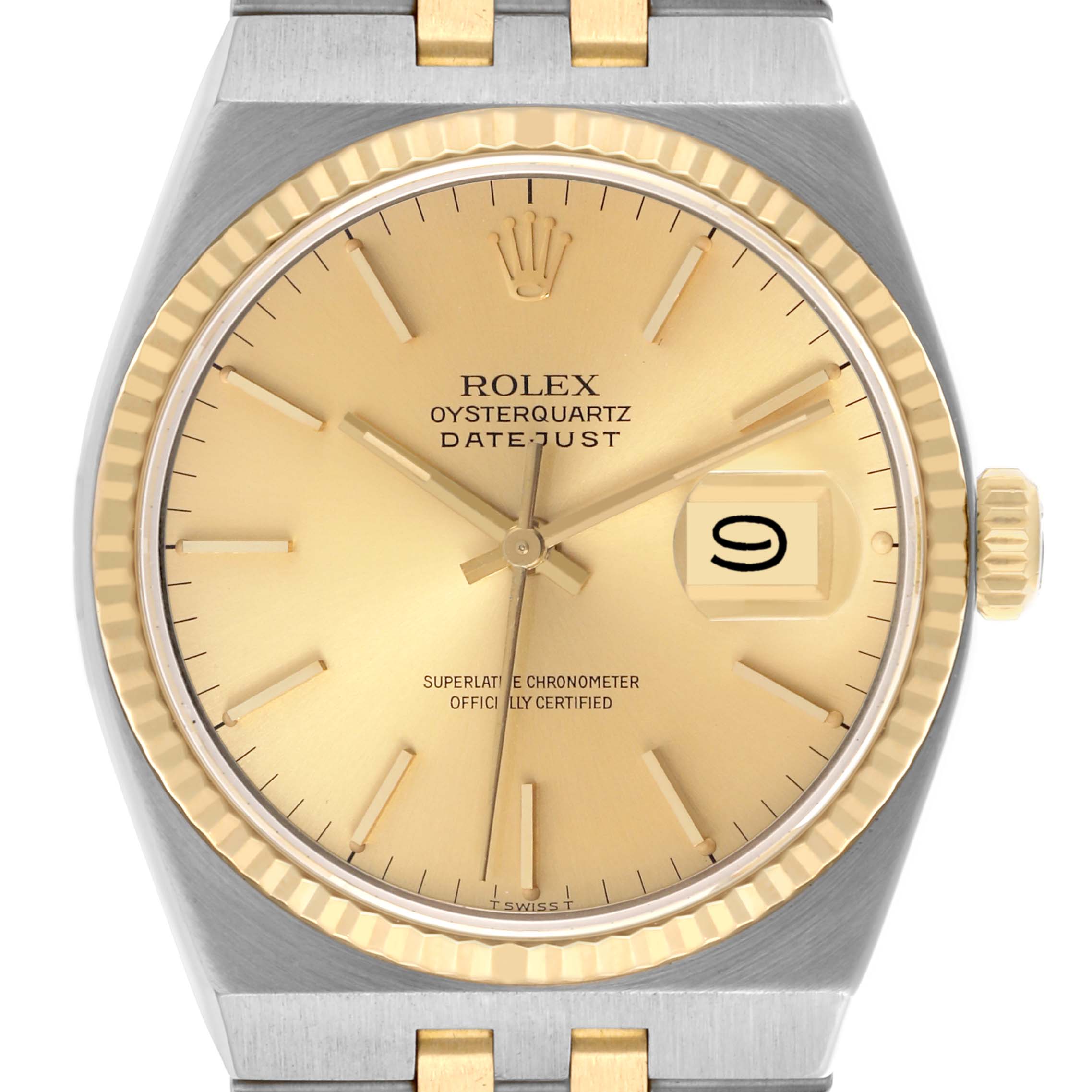 The Rolex Oysterquartz 17013 Men's Steel and Gold (two tone) Champagne Dial 17013 Men's Steel and Gold (two tone) Champagne Dial watch is shown from the front, highlighting the gold dial, date window, and fluted bezel.
