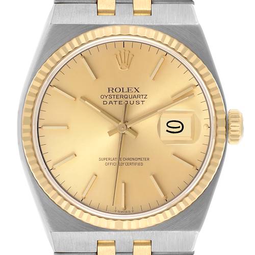 The Rolex Oysterquartz watch is shown from a straight-on angle, highlighting the dial, bezel, crown, and part of the bracelet.