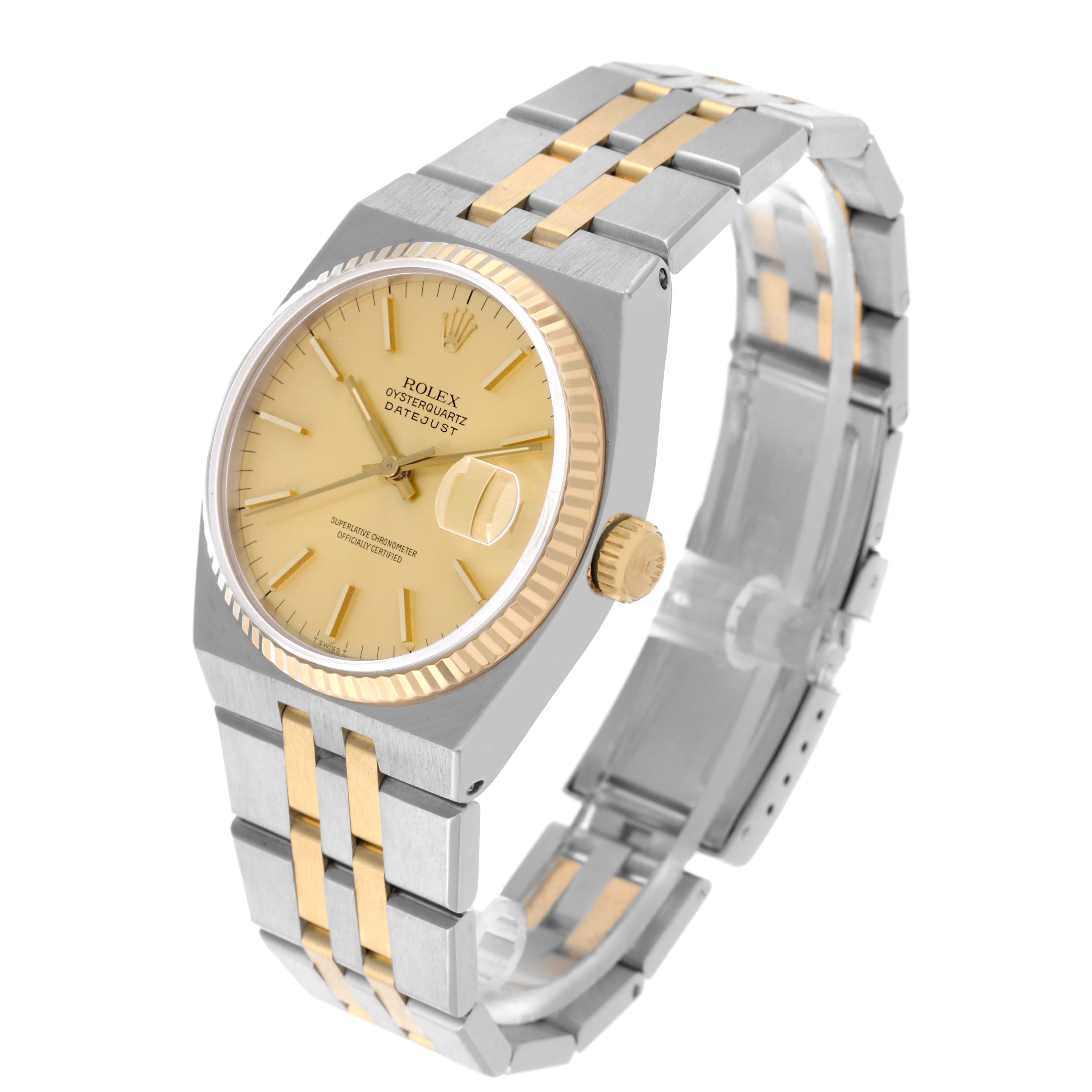 The Rolex Oysterquartz 17013 Men's Steel and Gold (two tone) Champagne Dial 17013 Men's Steel and Gold (two tone) Champagne Dial watch is shown at an angle highlighting the dial, bezel, bracelet, and crown.