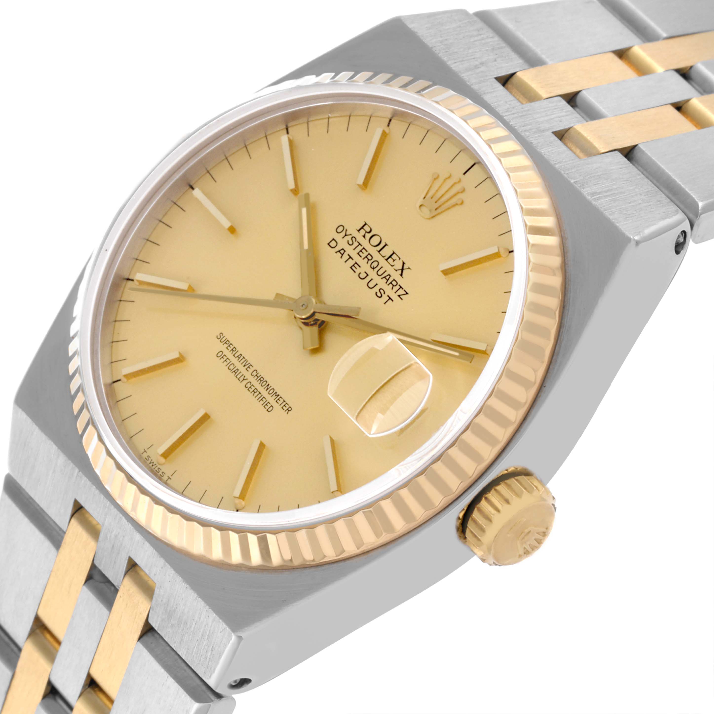 The Rolex Oysterquartz 17013 Men's Steel and Gold (two tone) Champagne Dial 17013 Men's Steel and Gold (two tone) Champagne Dial watch is shown at a slight angle, highlighting the dial, case, crown, and part of the bracelet.