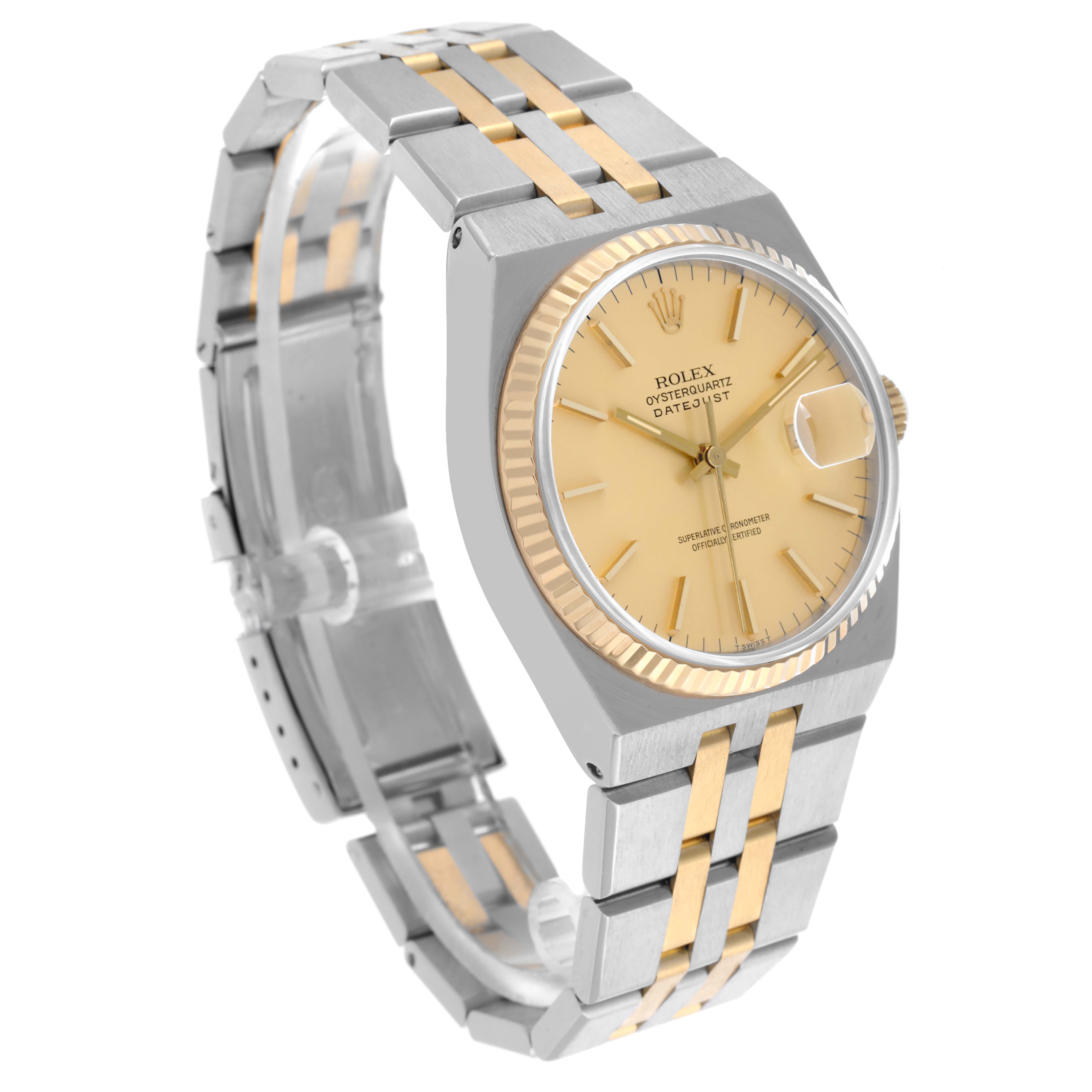 The Rolex Oysterquartz 17013 Men's Steel and Gold (two tone) Champagne Dial 17013 Men's Steel and Gold (two tone) Champagne Dial watch is shown at a three-quarter angle, highlighting the bezel, dial, and bracelet with its two-tone design.