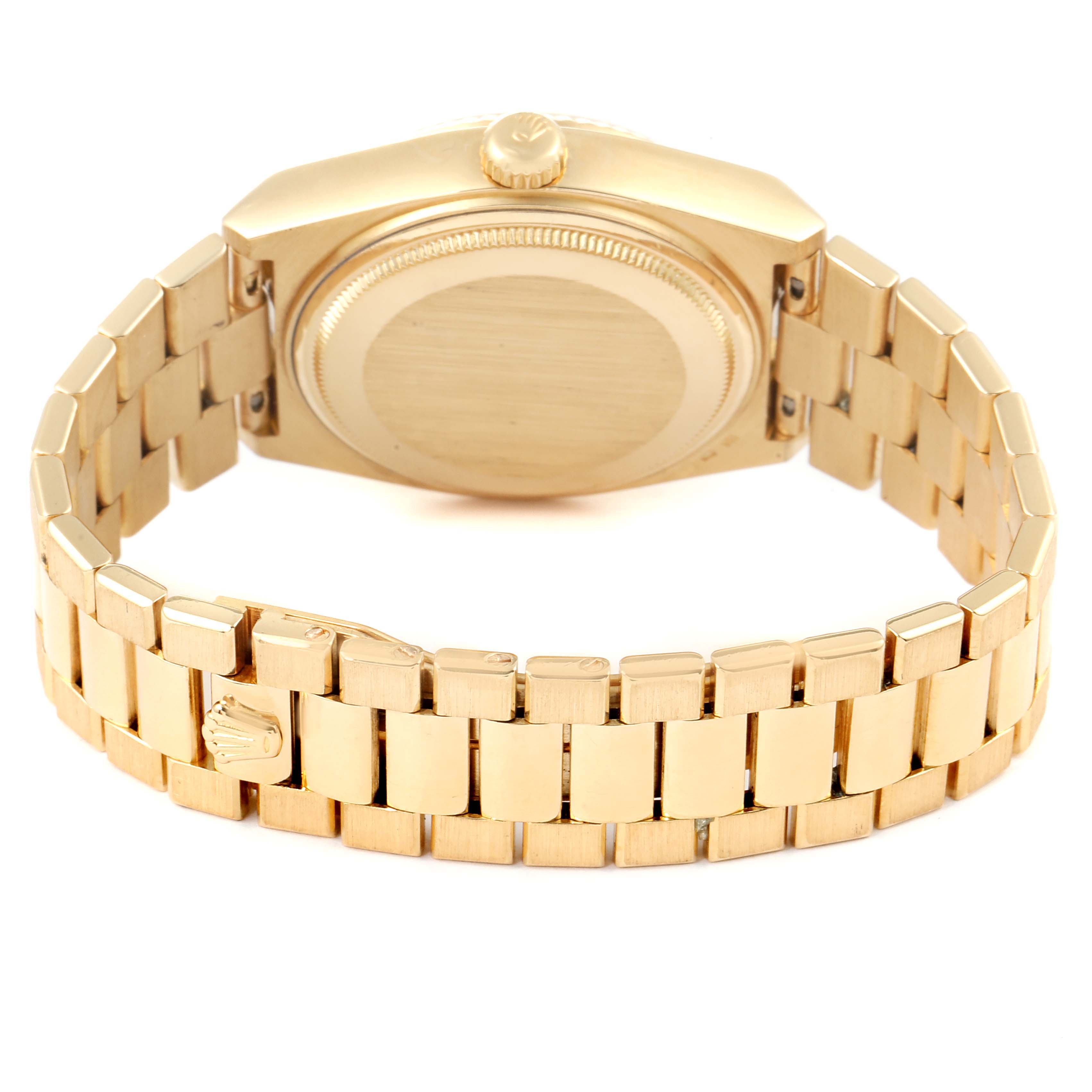 The image shows a Rolex Oysterquartz 19018 Men's Yellow Gold Champagne Dial 19018 Men's Yellow Gold Champagne Dial watch from the back angle, highlighting the case back and bracelet.