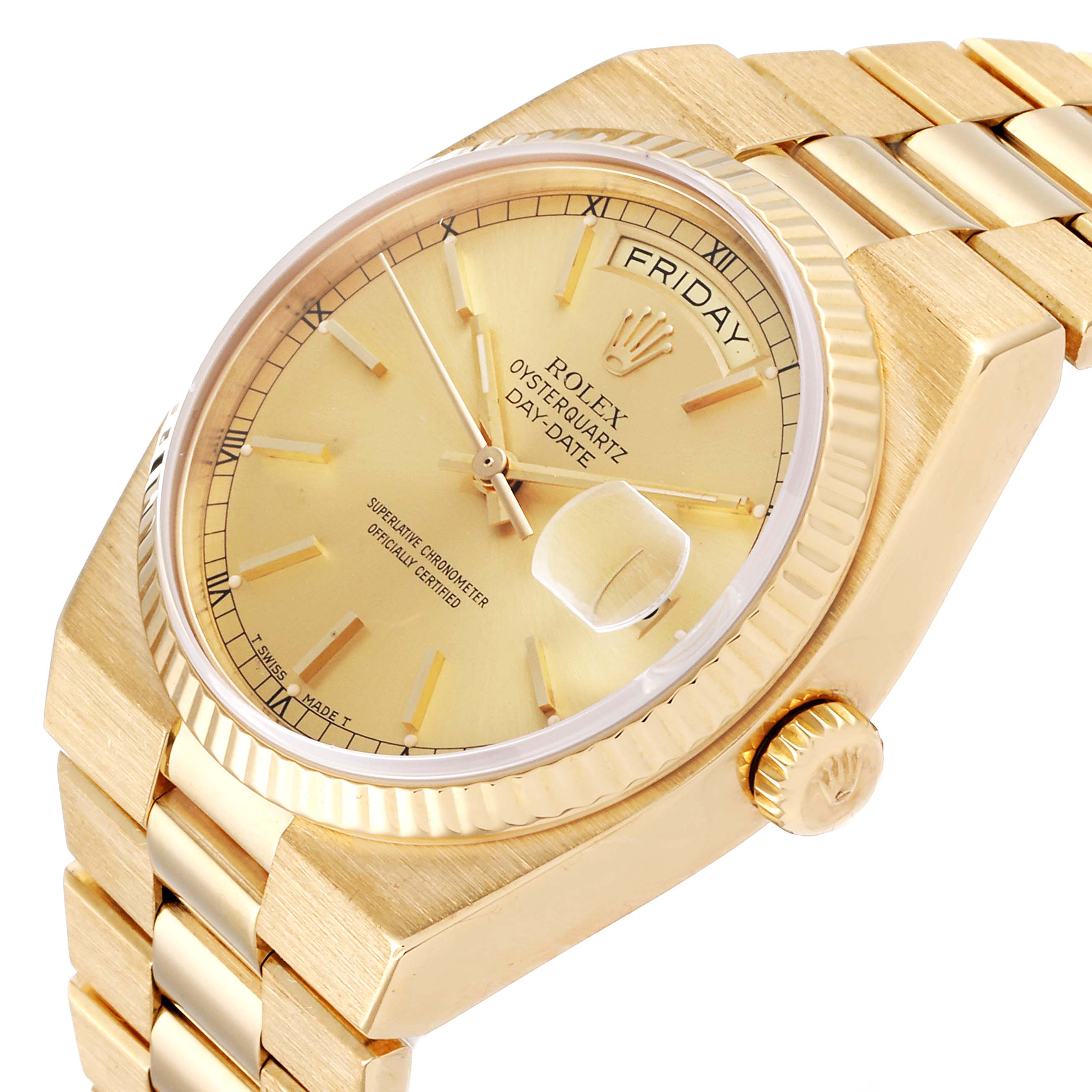 This image shows a close-up angle of a Rolex Oysterquartz 19018 Men's Yellow Gold Champagne Dial 19018 Men's Yellow Gold Champagne Dial watch, displaying the dial, day-date window, crown, and part of the bracelet.